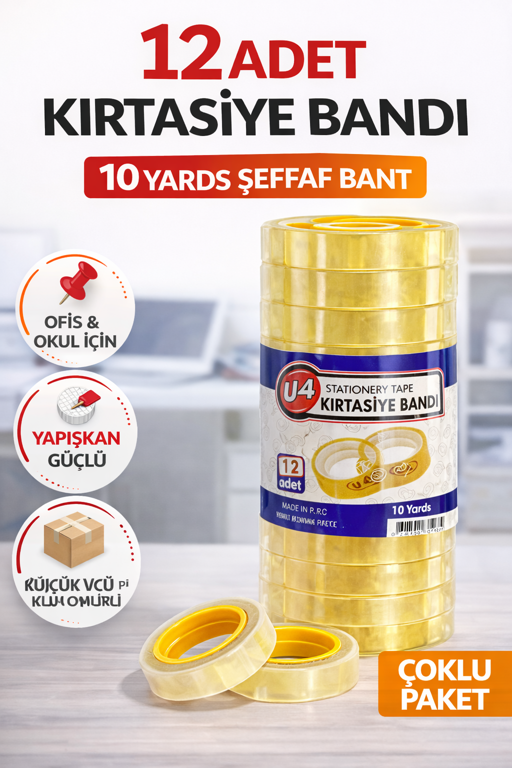 12 Adet Kırtasiye Bandı 10 Yards Şeffaf Bant Güçlü Yapışkan Ofis Okul Ev Kullanımı Küçük Bant Seti