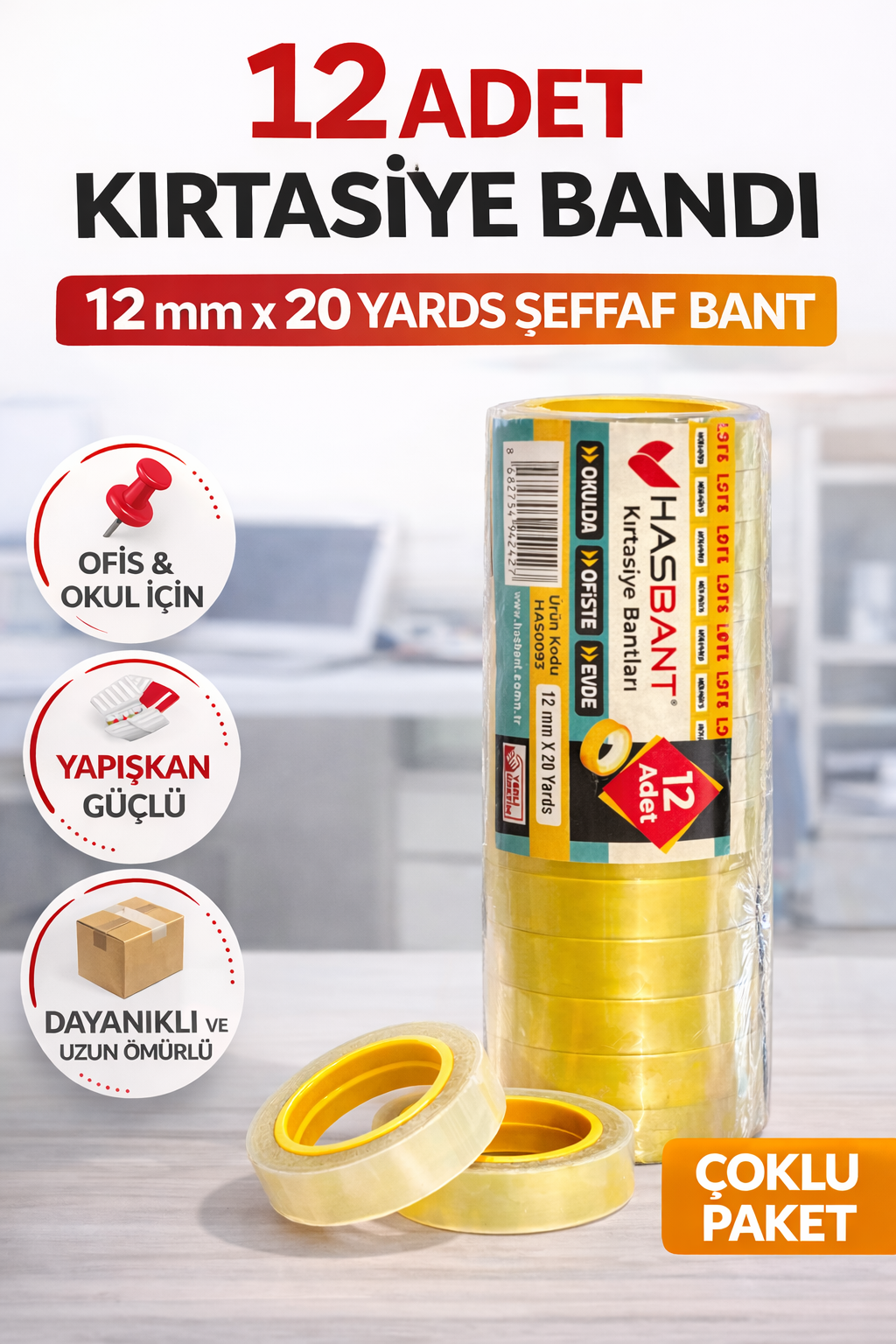 12 Adet Kırtasiye Bandı 12 mm x 20 Yards Şeffaf Bant Ofis Okul Ev Kullanımı Dayanıklı Yapışkan Bant