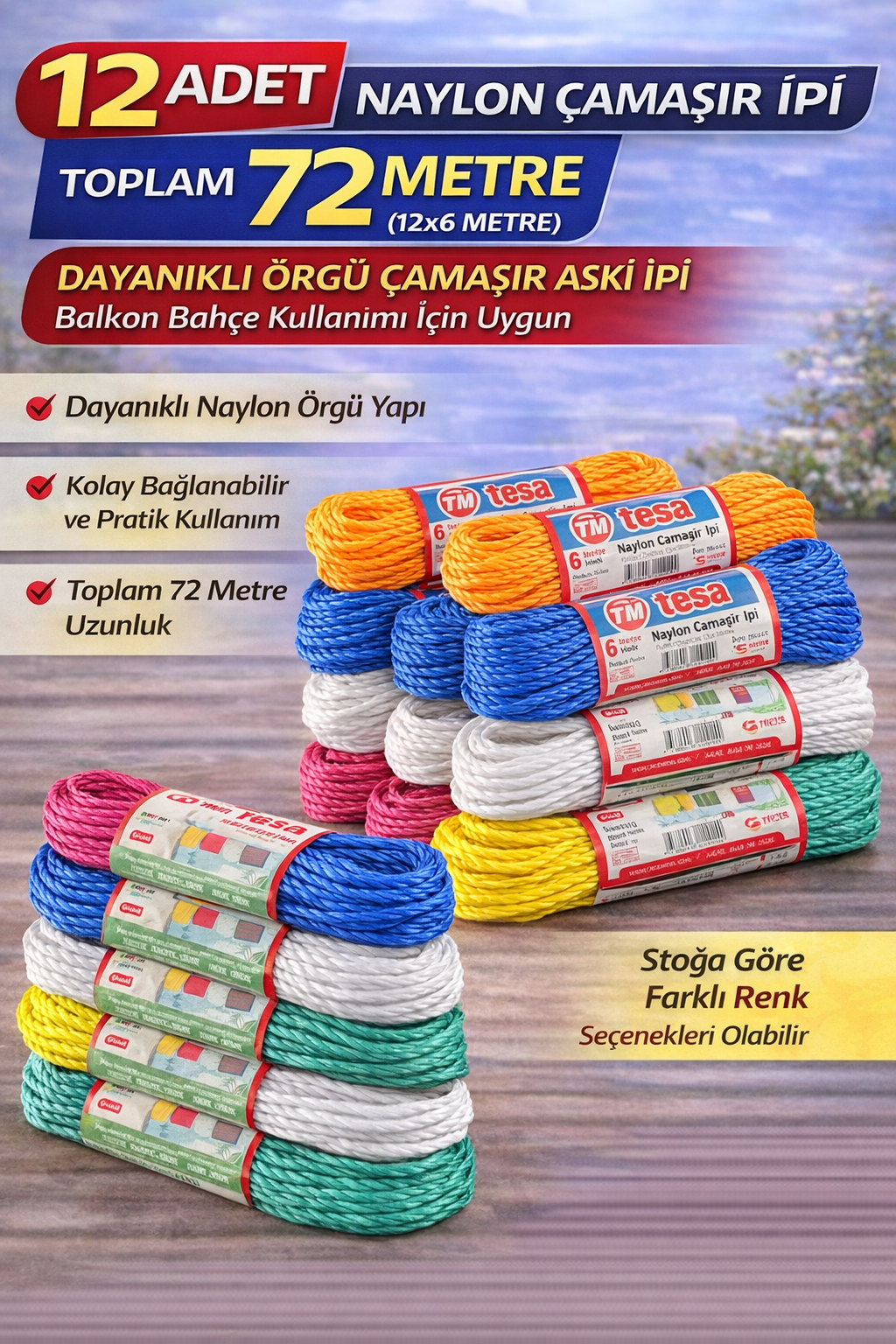 12 Adet Naylon Çamaşır İpi 6 Metre Dayanıklı Örgü Çamaşır Askı İpi Toplam 72 Metre