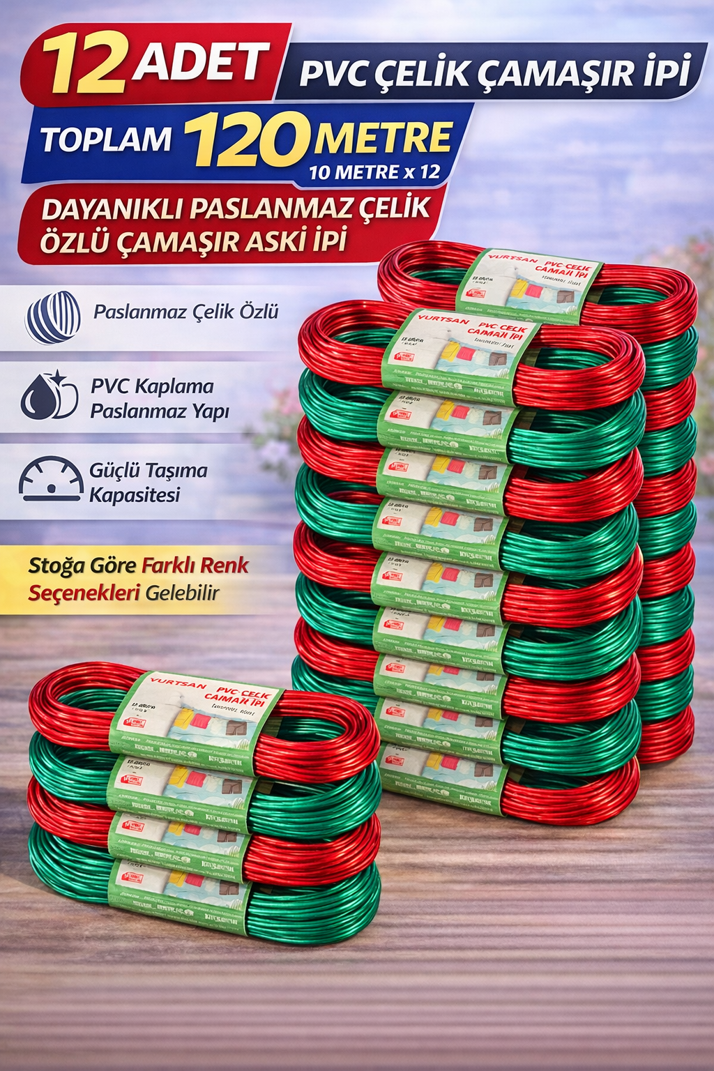 12 Adet PVC Çelik Çamaşır İpi 10 Metre Dayanıklı Çelik Özlü Çamaşır Askı İpi Toplam 120 Metre
