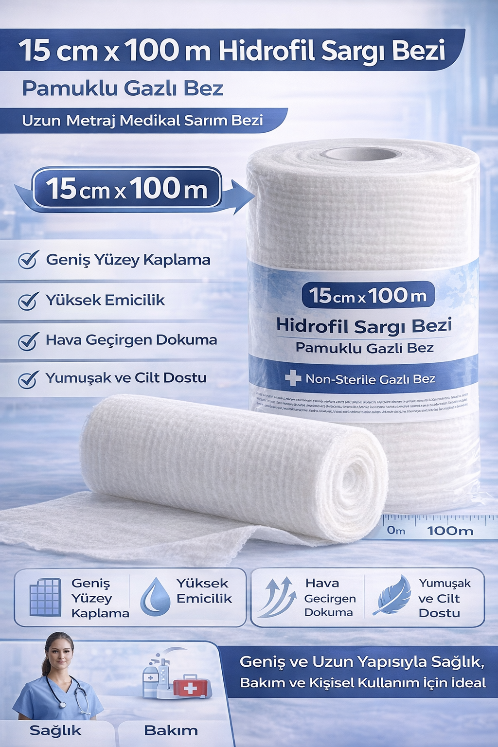 15 cm x 100 m Hidrofil Sargı Bezi Pamuklu Gazlı Bez Uzun Metraj Medikal Sarım Bezi