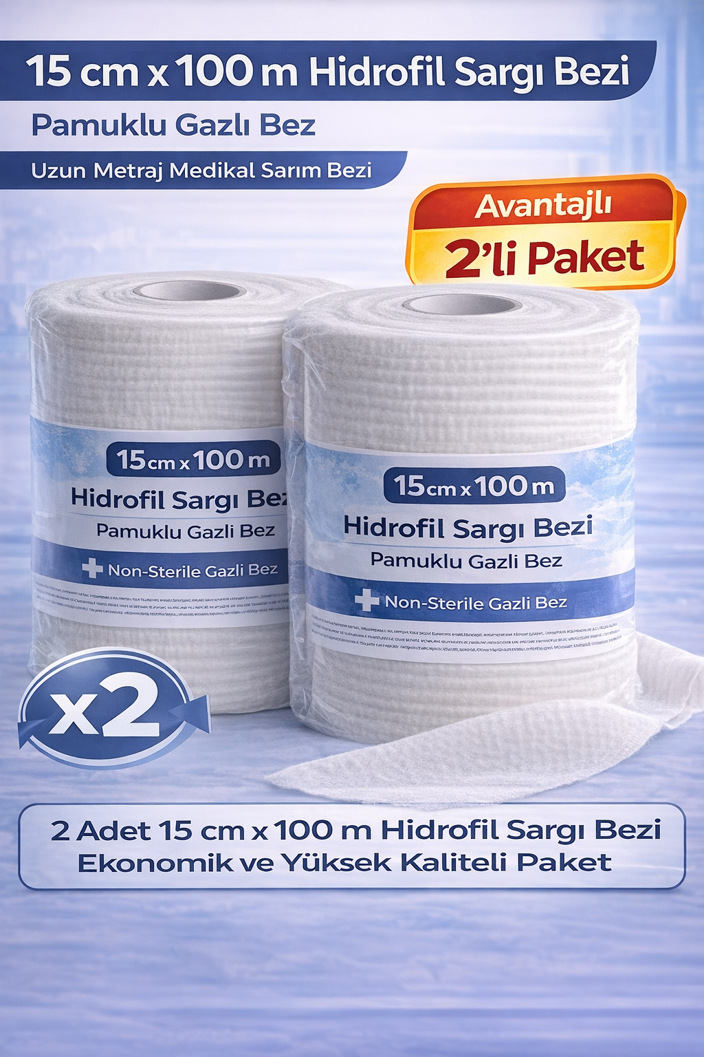 15 cm x 100 m Hidrofil Sargı Bezi Pamuklu Gazlı Bez Uzun Metraj Medikal Sarım Bezi 2 Adet