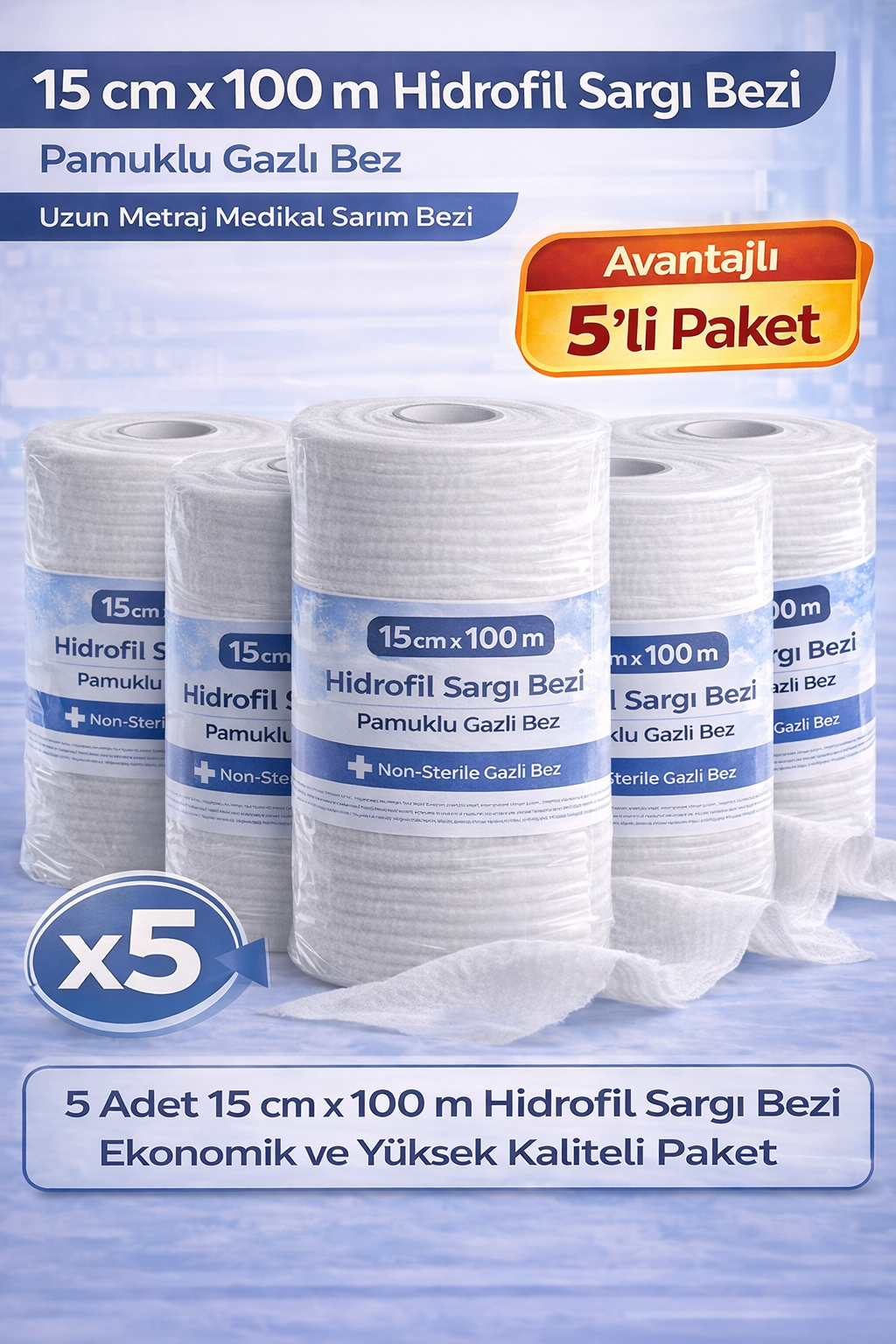 15 cm x 100 m Hidrofil Sargı Bezi Pamuklu Gazlı Bez Uzun Metraj Medikal Sarım Bezi 5 Adet