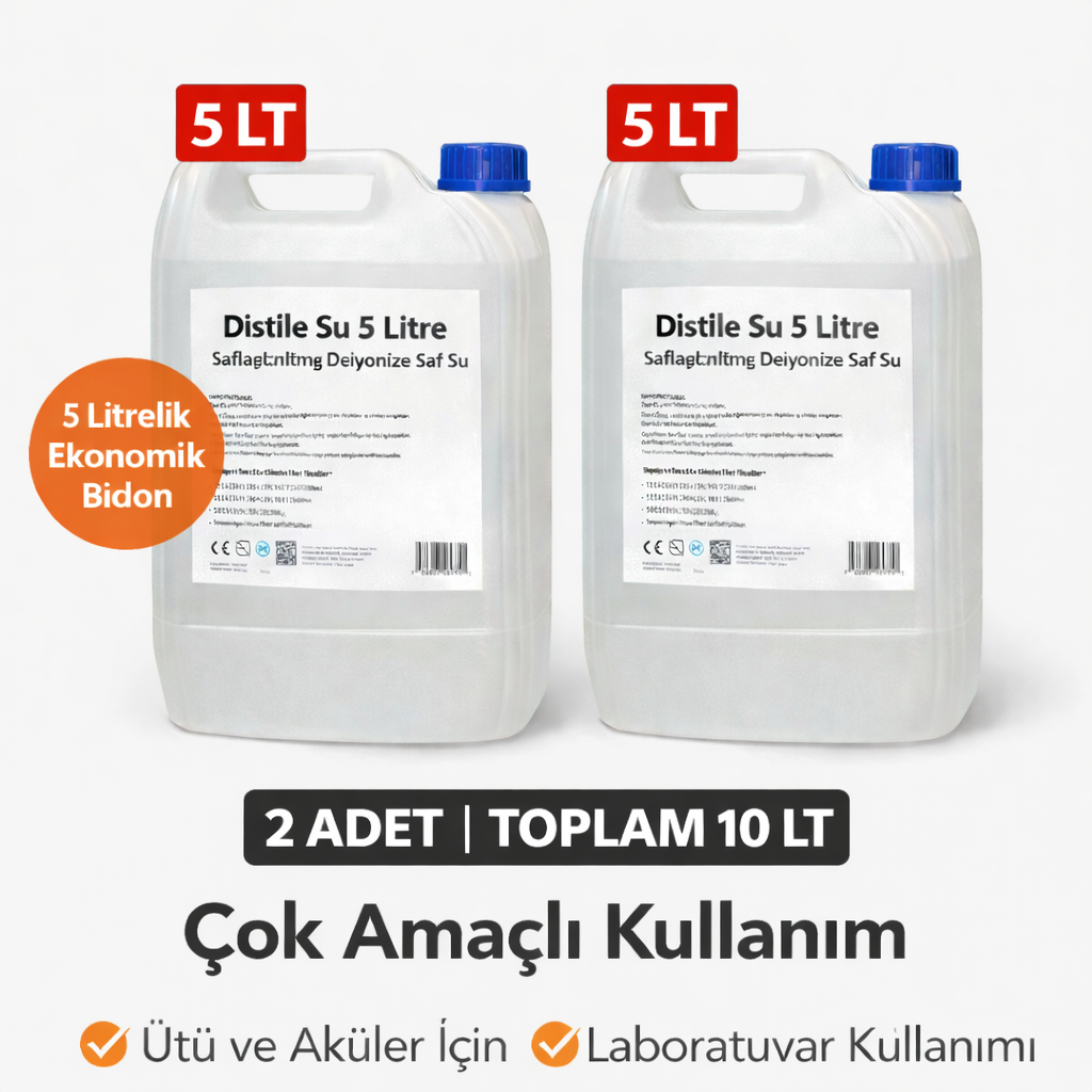 2 Adet Distile Su 5 Litre Toplam 10 Litre Saflaştırılmış Deiyonize Saf Su Çok Amaçlı Kullanım