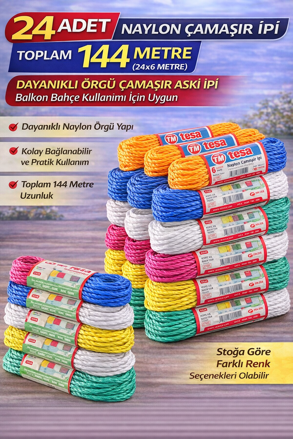 24 Adet Naylon Çamaşır İpi 6 Metre Dayanıklı Örgü Çamaşır Askı İpi Toplam 144 Metre