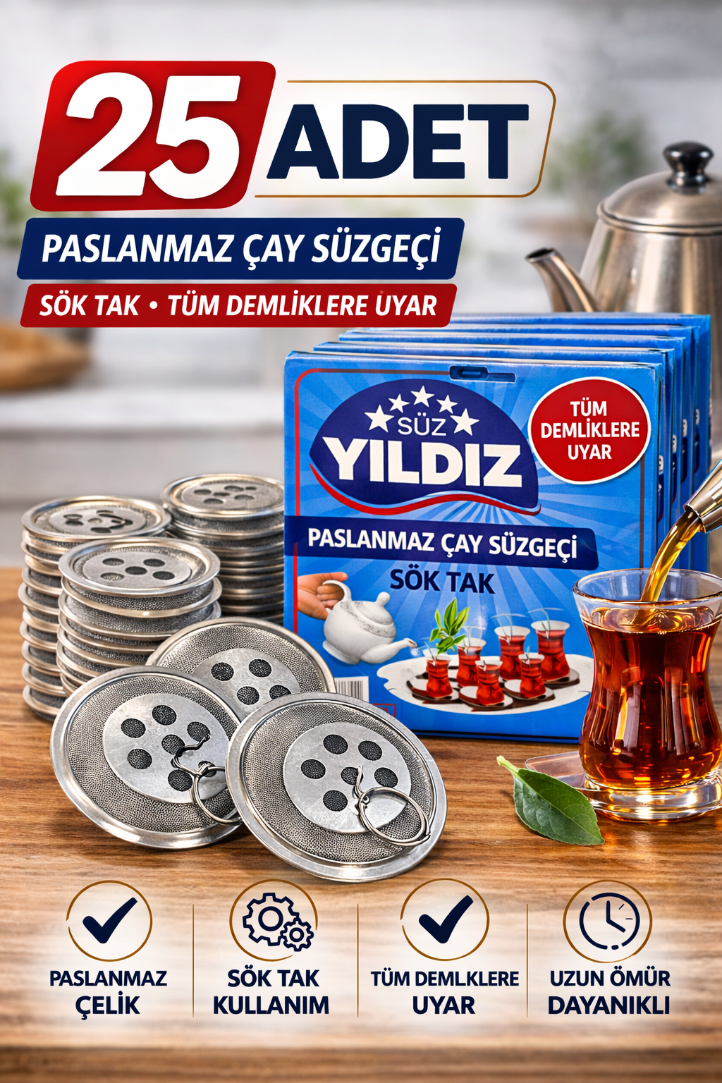 25 Adet Paslanmaz Çelik Çaydanlık Demlik Süzgeci Sök Tak Çay Süzgeci Tüm Demliklere Uyumlu Çaydanlık Filtresi