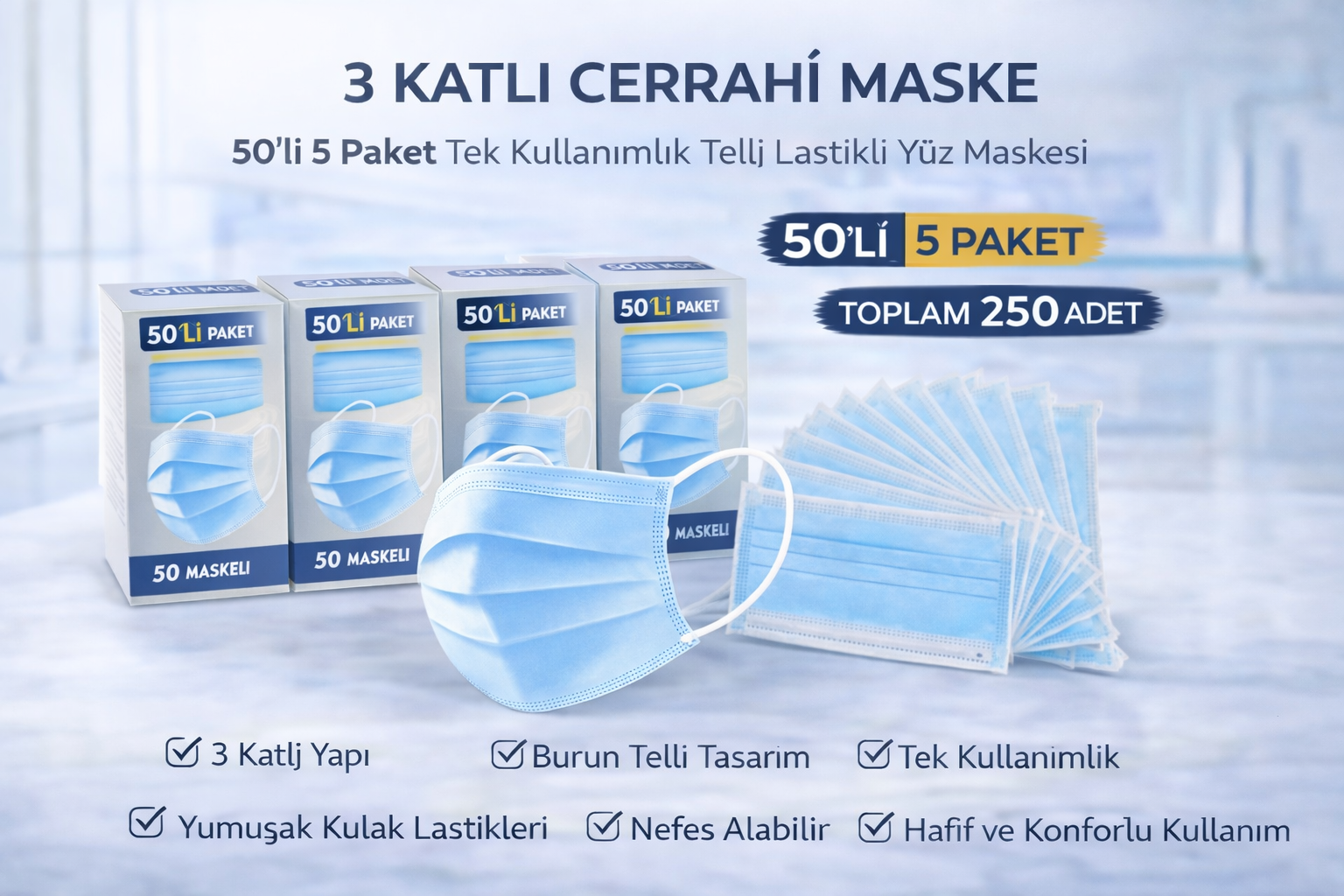3 Katlı Cerrahi Maske 50'li 5 Paket Tek Kullanımlık Telli Lastikli Yüz Maskesi Toplam 250 Adet