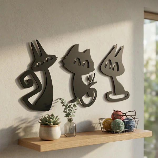 3’lü Dekoratif Kedi Duvar Tablosu MDF Lazer Kesim Modern Duvar Süsü Minimal Kedi Figürlü Dekor