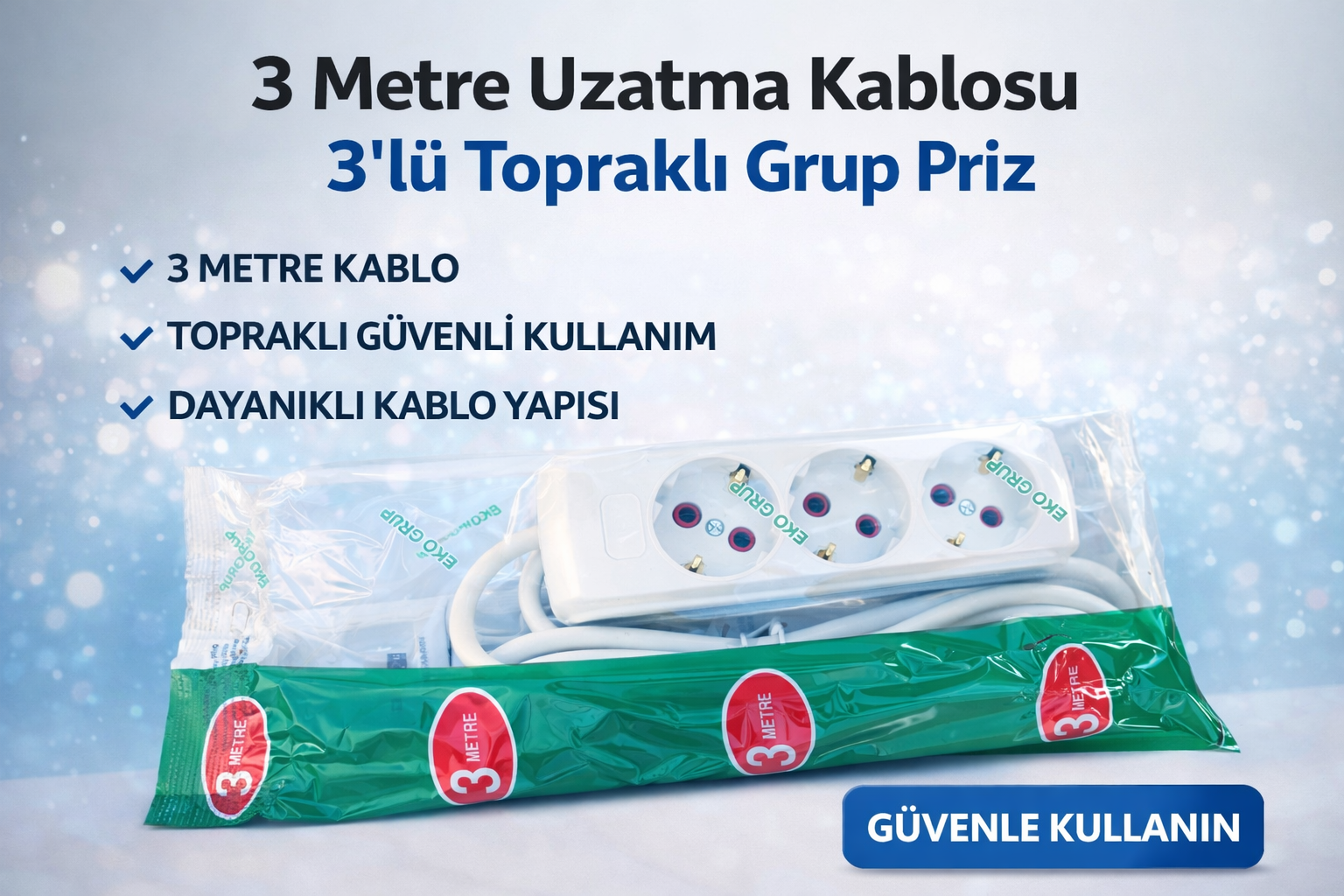3 Metre Uzatma Kablosu 3'lü Topraklı Grup Priz 16A Dayanıklı Kablo