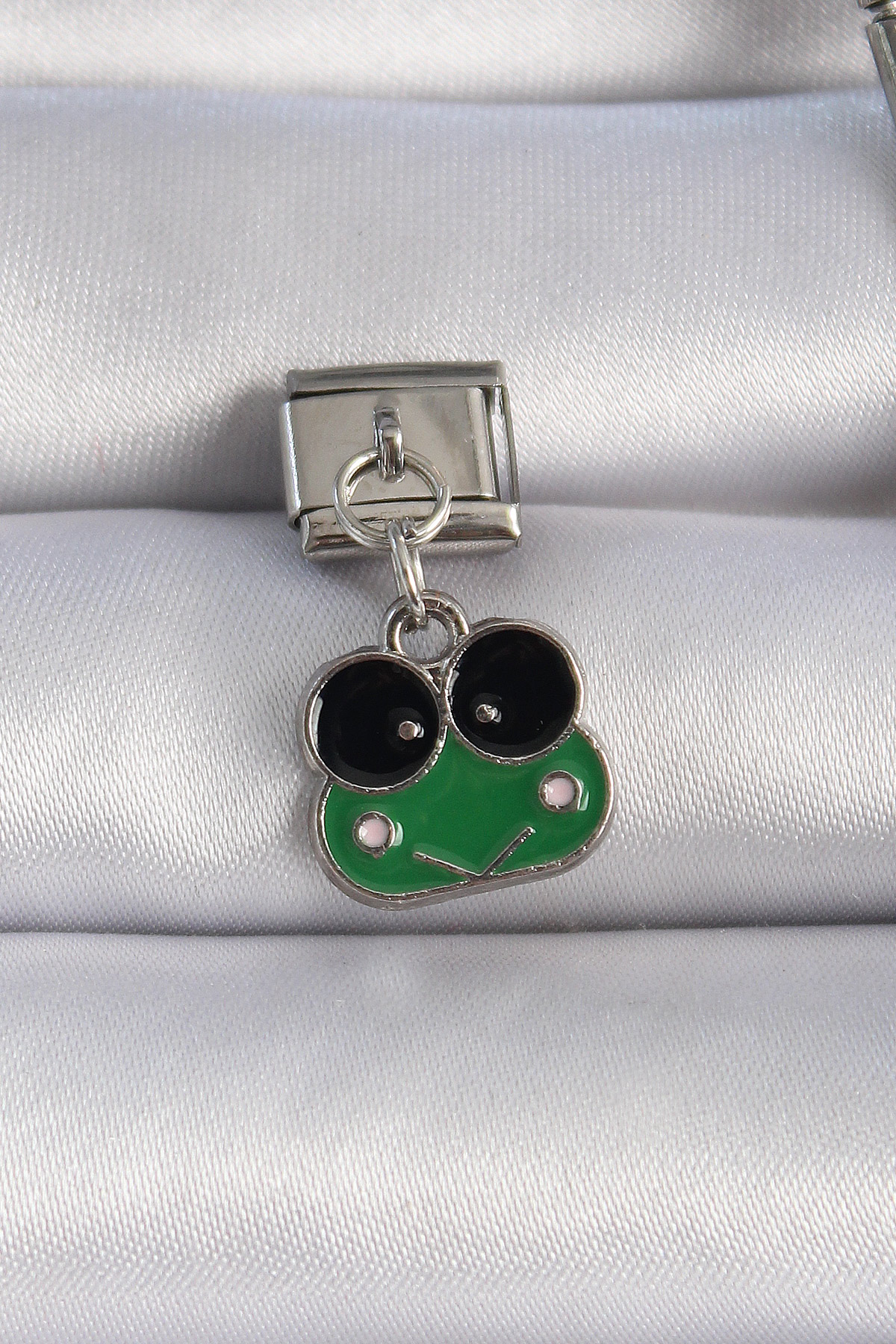 316L Çelik Gümüş Renk Sallantılı Yeşil Kurbağa Figür Charm