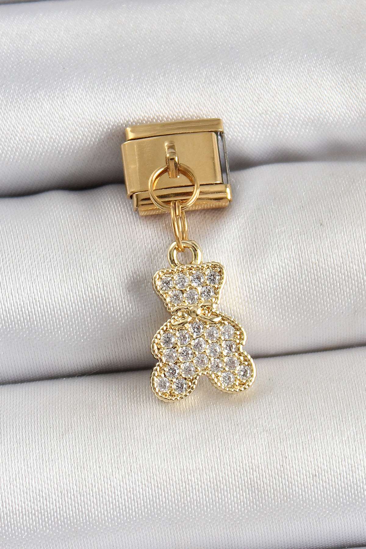 316L Çelik Sallantılı Zirkon Taşlı Ayıcık Model Gold Renk Charm