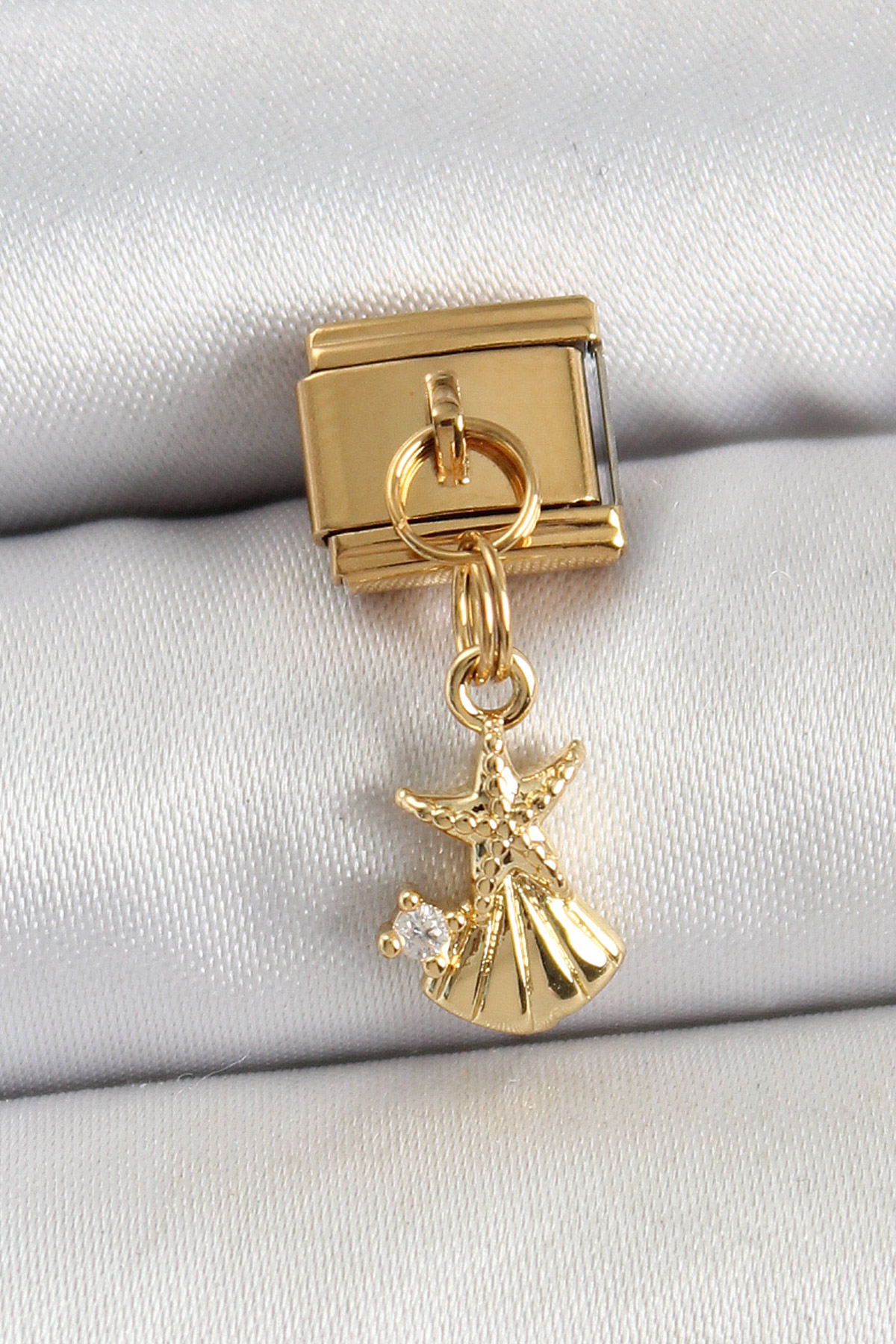 316L Çelik Sallantılı Zirkon Taşlı Deniz Yıldızı Ve İstiridye Model Gold Renk Charm