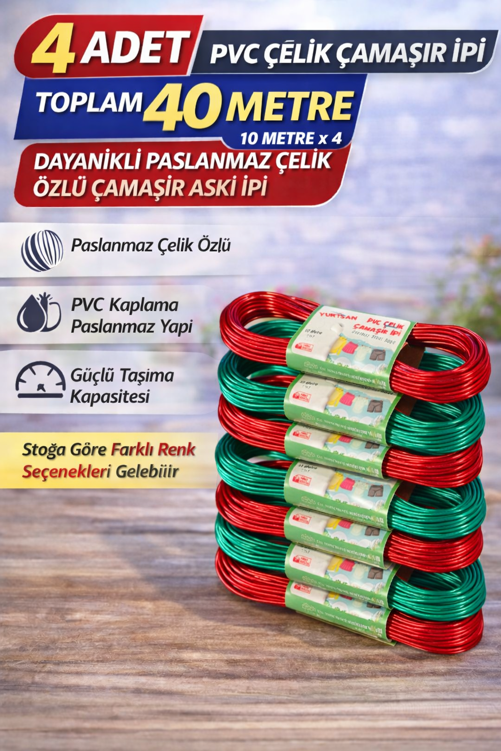 4 Adet PVC Çelik Çamaşır İpi 10 Metre Dayanıklı Çelik Özlü Çamaşır Askı İpi Toplam 40 Metre