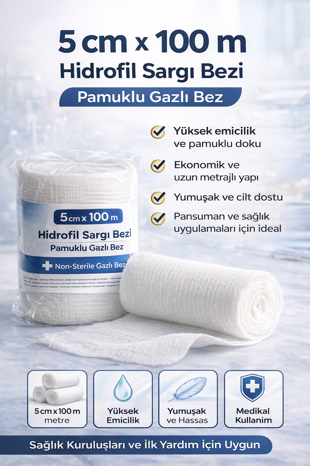 5 cm x 100 m Hidrofil Sargı Bezi Pamuklu Gazlı Bez Yüksek Emici Medikal Sargı Bezi