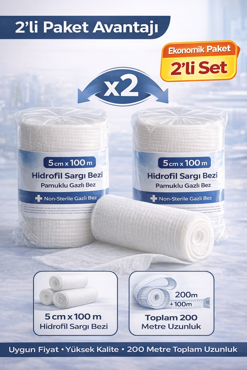 5 cm x 100 m Hidrofil Sargı Bezi Pamuklu Gazlı Bez Yüksek Emici Medikal Sargı Bezi 2 Adet