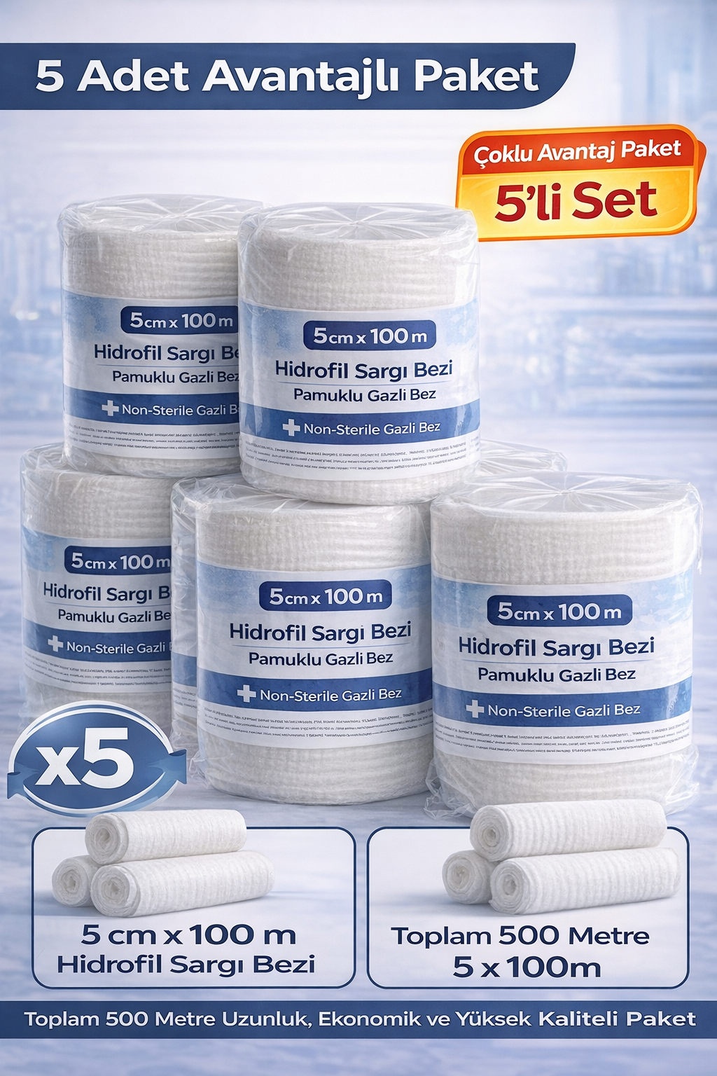 5 cm x 100 m Hidrofil Sargı Bezi Pamuklu Gazlı Bez Yüksek Emici Medikal Sargı Bezi 5 Adet