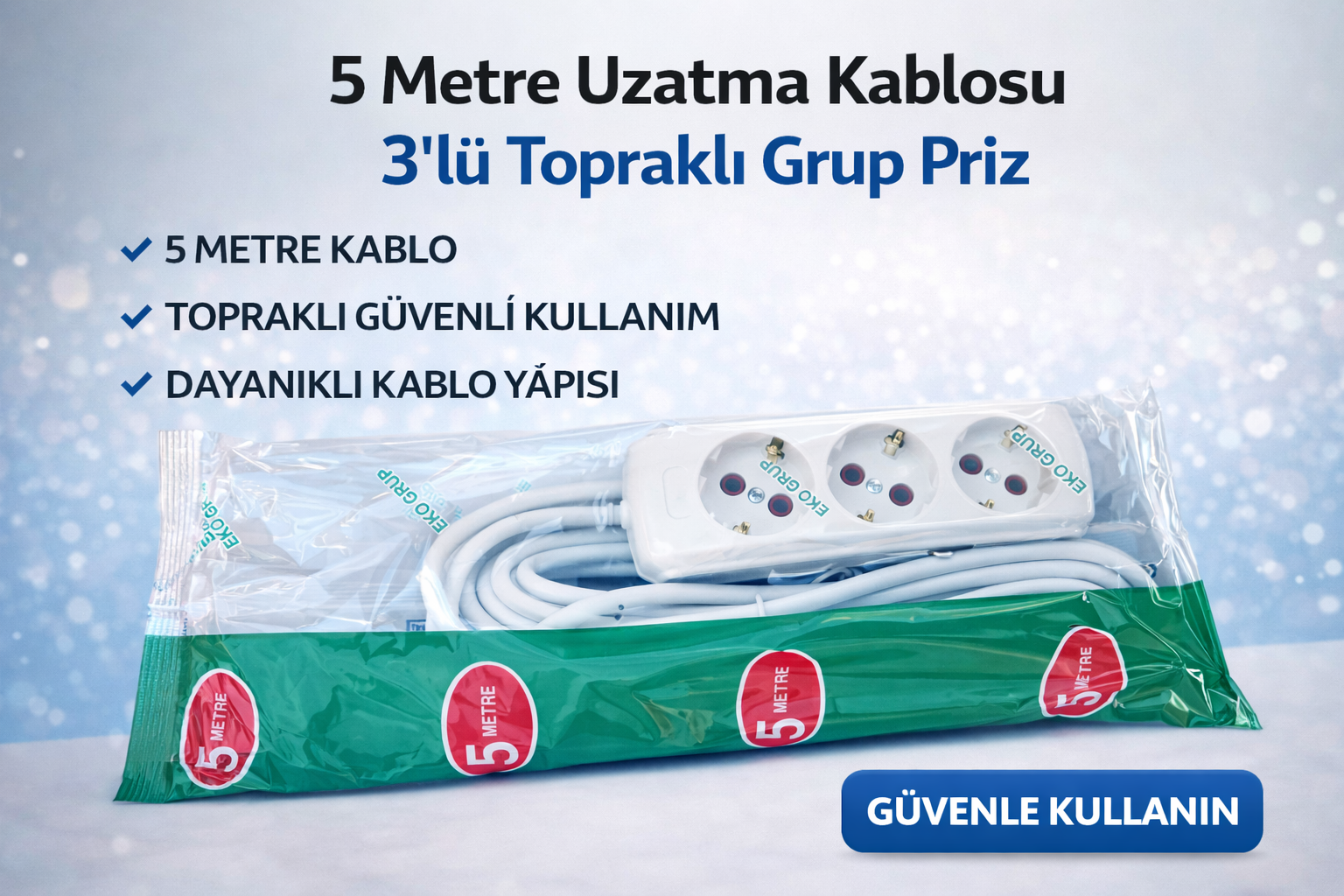 5 Metre Uzatma Kablosu 3'lü Topraklı Grup Priz 16A Dayanıklı Kablo