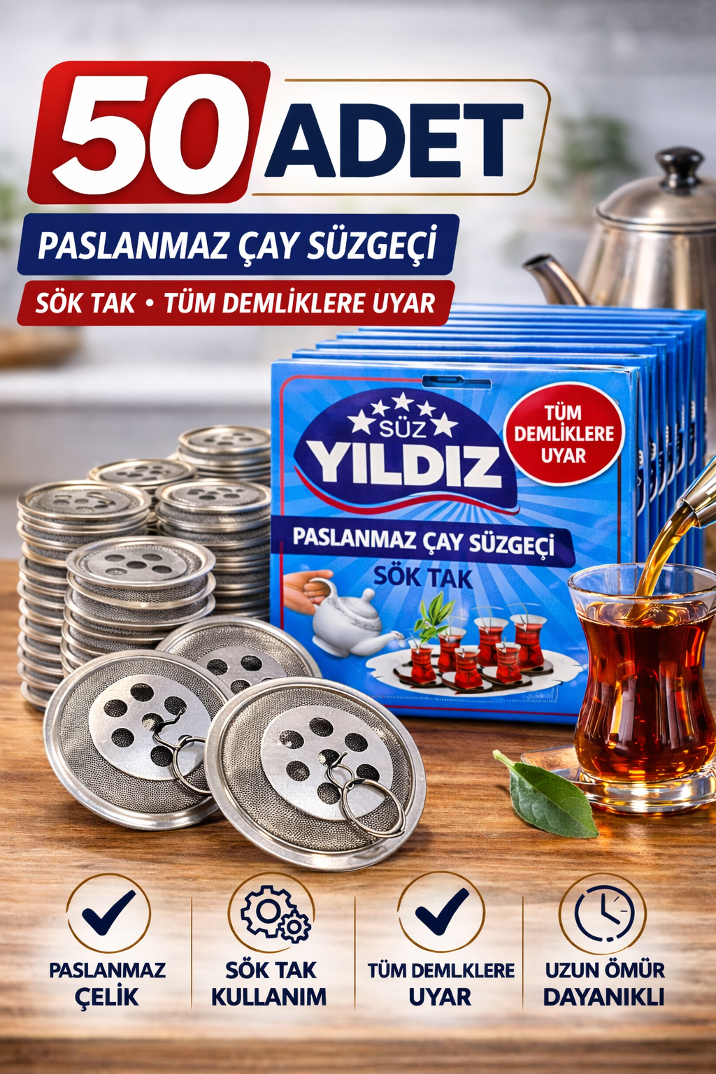 50 Adet Paslanmaz Çelik Çaydanlık Demlik Süzgeci Sök Tak Çay Süzgeci Tüm Demliklere Uyumlu Çaydanlık Filtresi