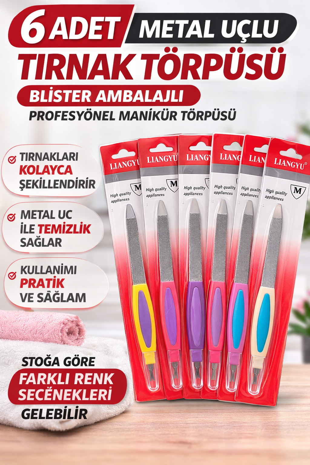 6 Adet Metal Uçlu Tırnak Törpüsü Blister Ambalajlı Profesyonel Manikür Törpüsü Seti