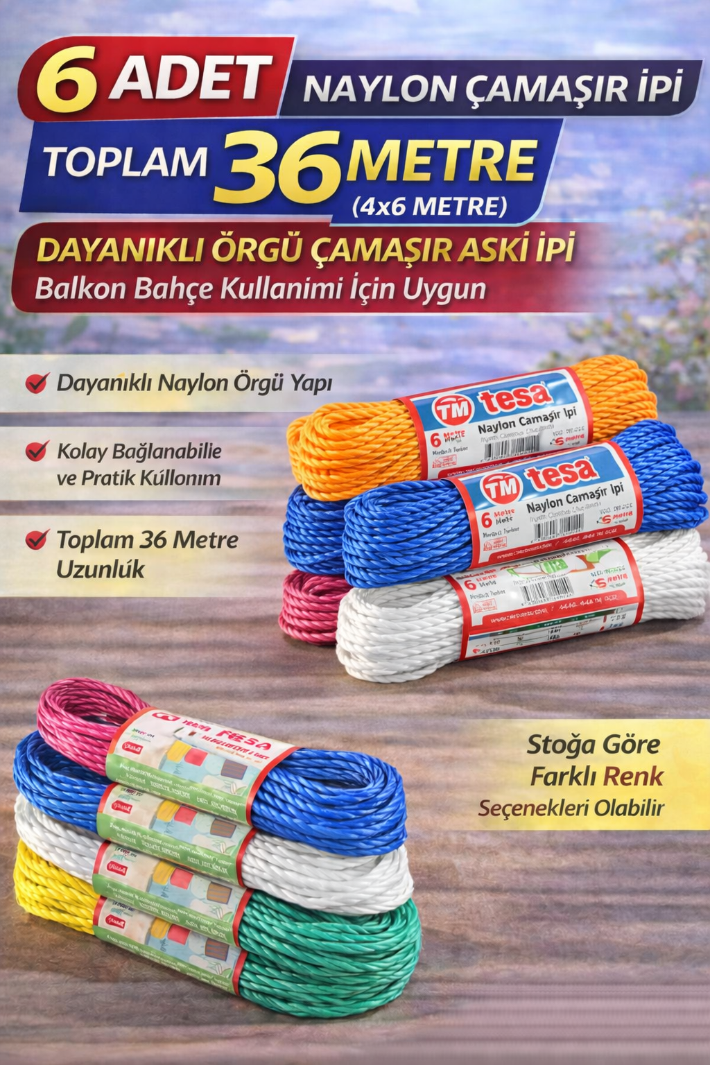 6 Adet Naylon Çamaşır İpi 6 Metre Dayanıklı Örgü Çamaşır Askı İpi Toplam 36 Metre