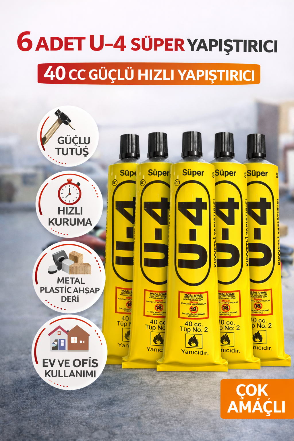 6 Adet U-4 Süper Yapıştırıcı 40 CC Güçlü Hızlı Yapıştırıcı Çok Amaçlı Metal Plastik Ahşap Deri Yapıştırıcı