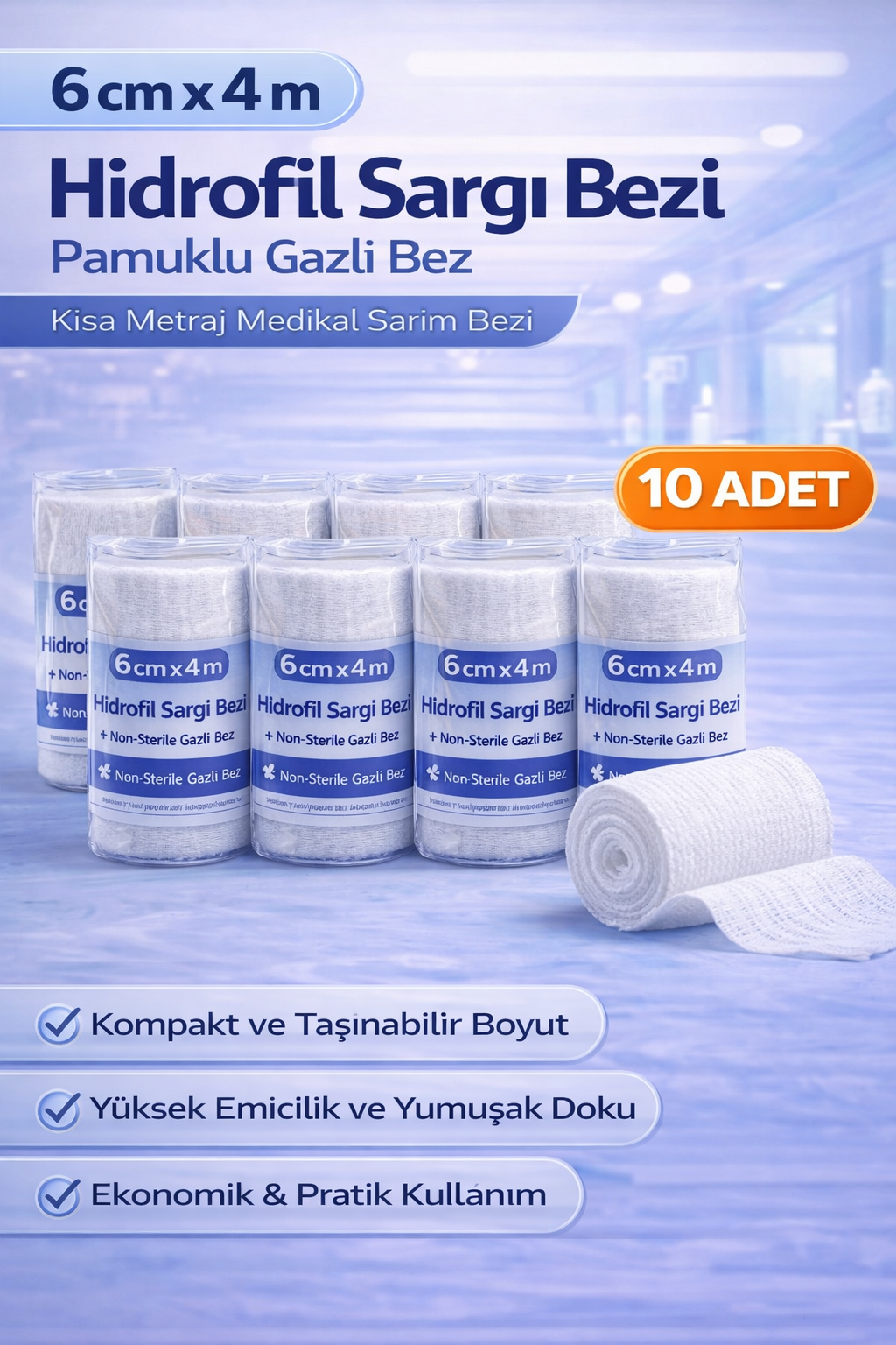 6 cm x 4 m Hidrofil Sargı Bezi Pamuklu Gazlı Bez Kısa Metraj Medikal Sarım Bezi 10 Adet