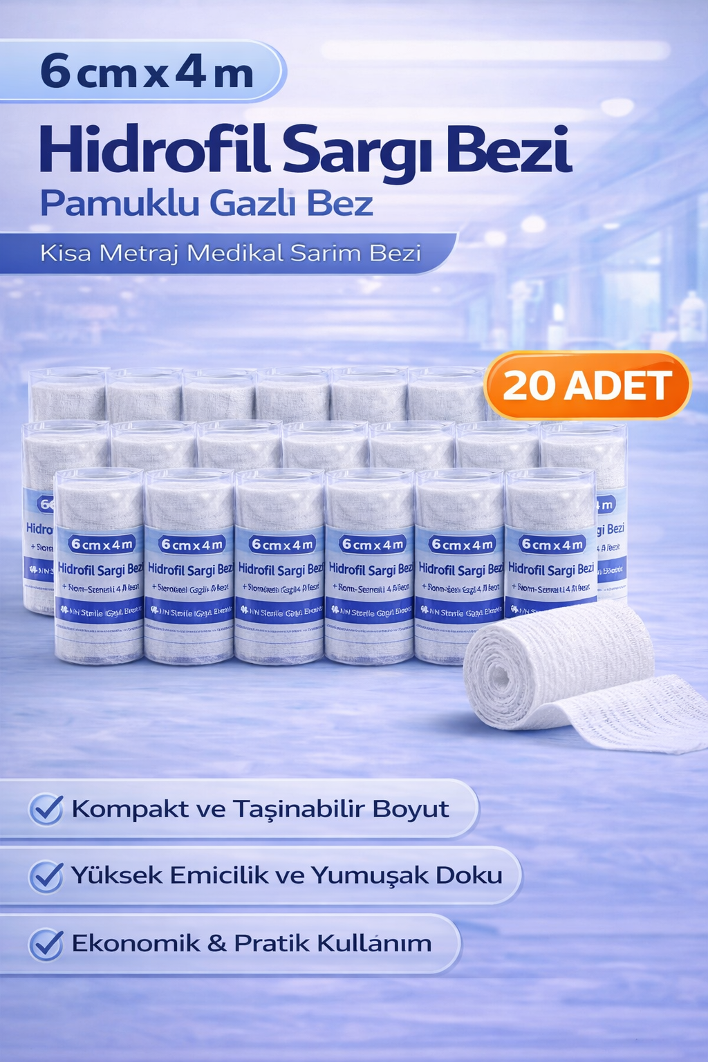 6 cm x 4 m Hidrofil Sargı Bezi Pamuklu Gazlı Bez Kısa Metraj Medikal Sarım Bezi 20 Adet