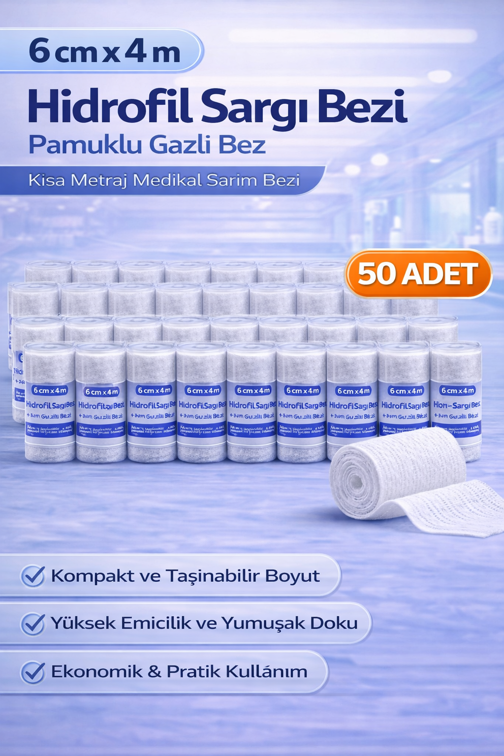 6 cm x 4 m Hidrofil Sargı Bezi Pamuklu Gazlı Bez Kısa Metraj Medikal Sarım Bezi 50 Adet