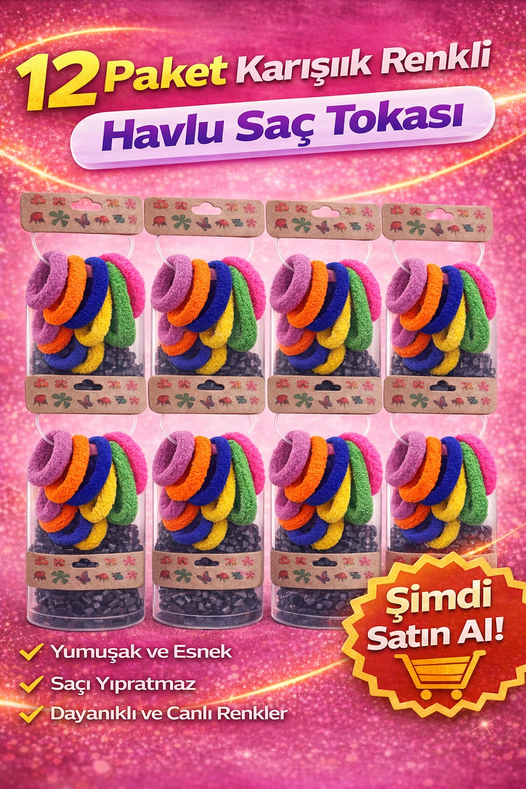 6'lı 12 Paket Karışık Renkli Havlu Saç Tokası Yumuşak Elastik Dayanıklı Lastik Toka Seti