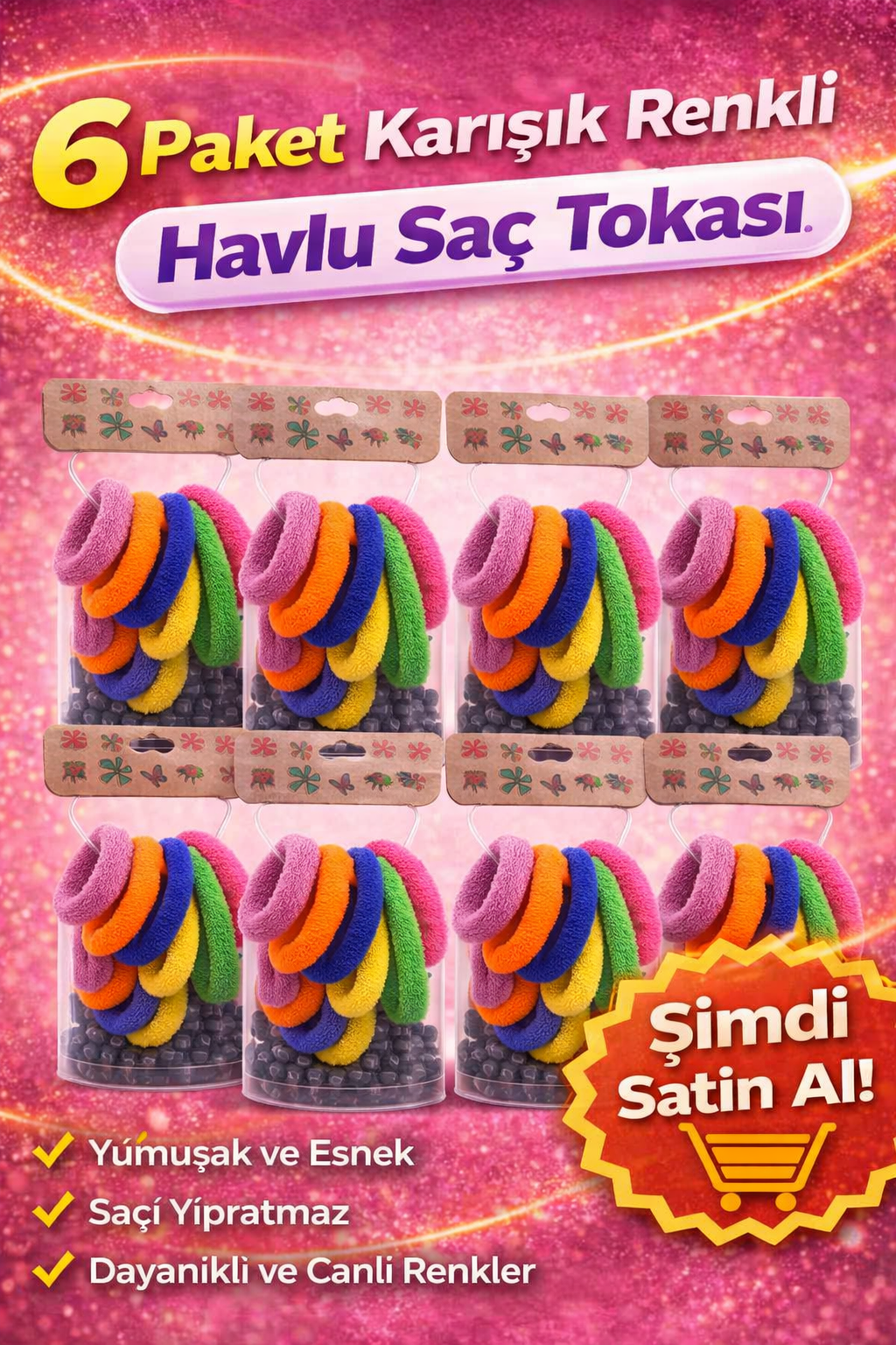 6'lı 6 Paket Karışık Renkli Havlu Saç Tokası Yumuşak Elastik Dayanıklı Lastik Toka Seti