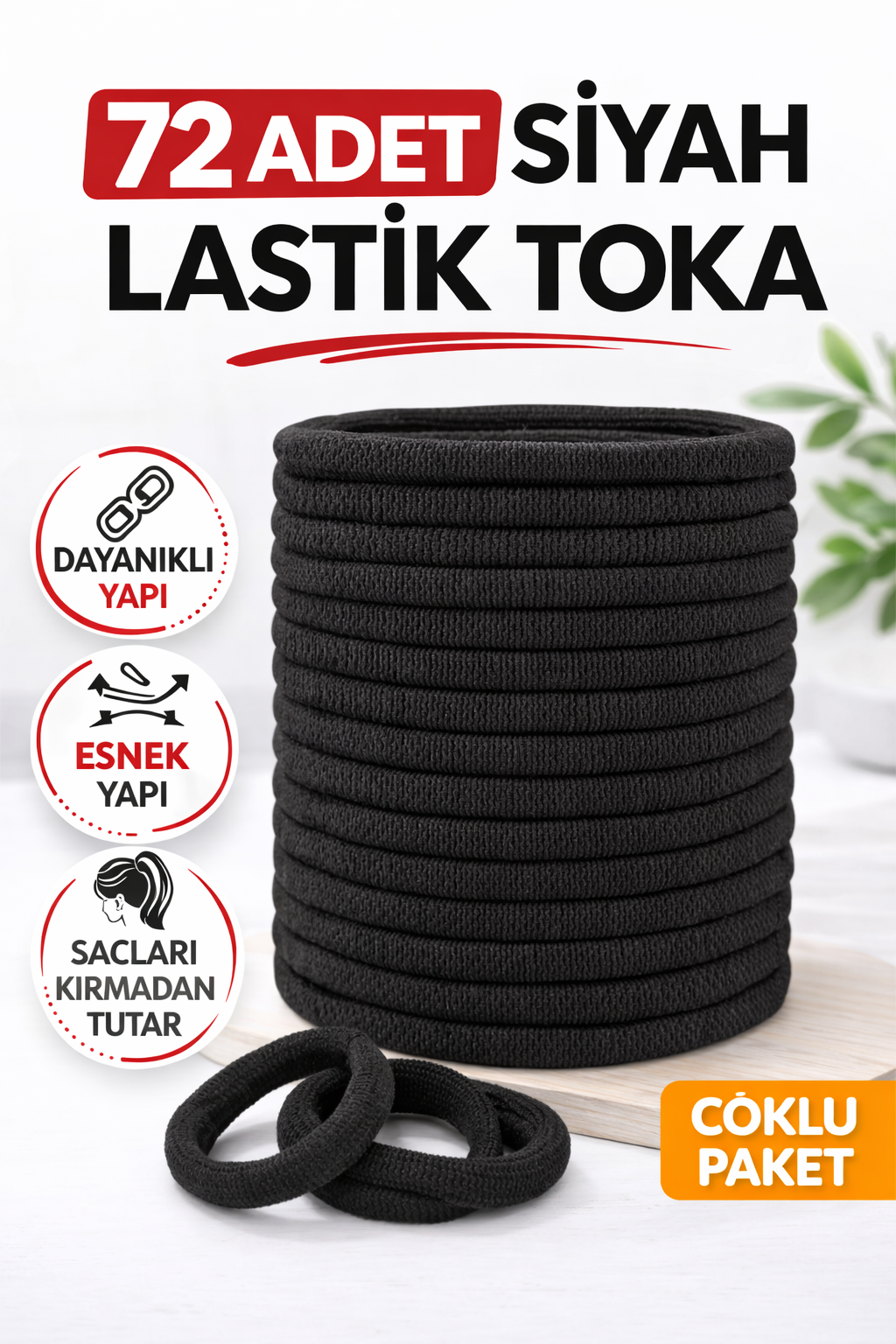 72 Adet Siyah Lastik Toka Kalın Saç Lastiği Dayanıklı Esnek Saç Toplama Tokası Kadın ve Kız Çocuk Saç Aksesuarı Çoklu Paket