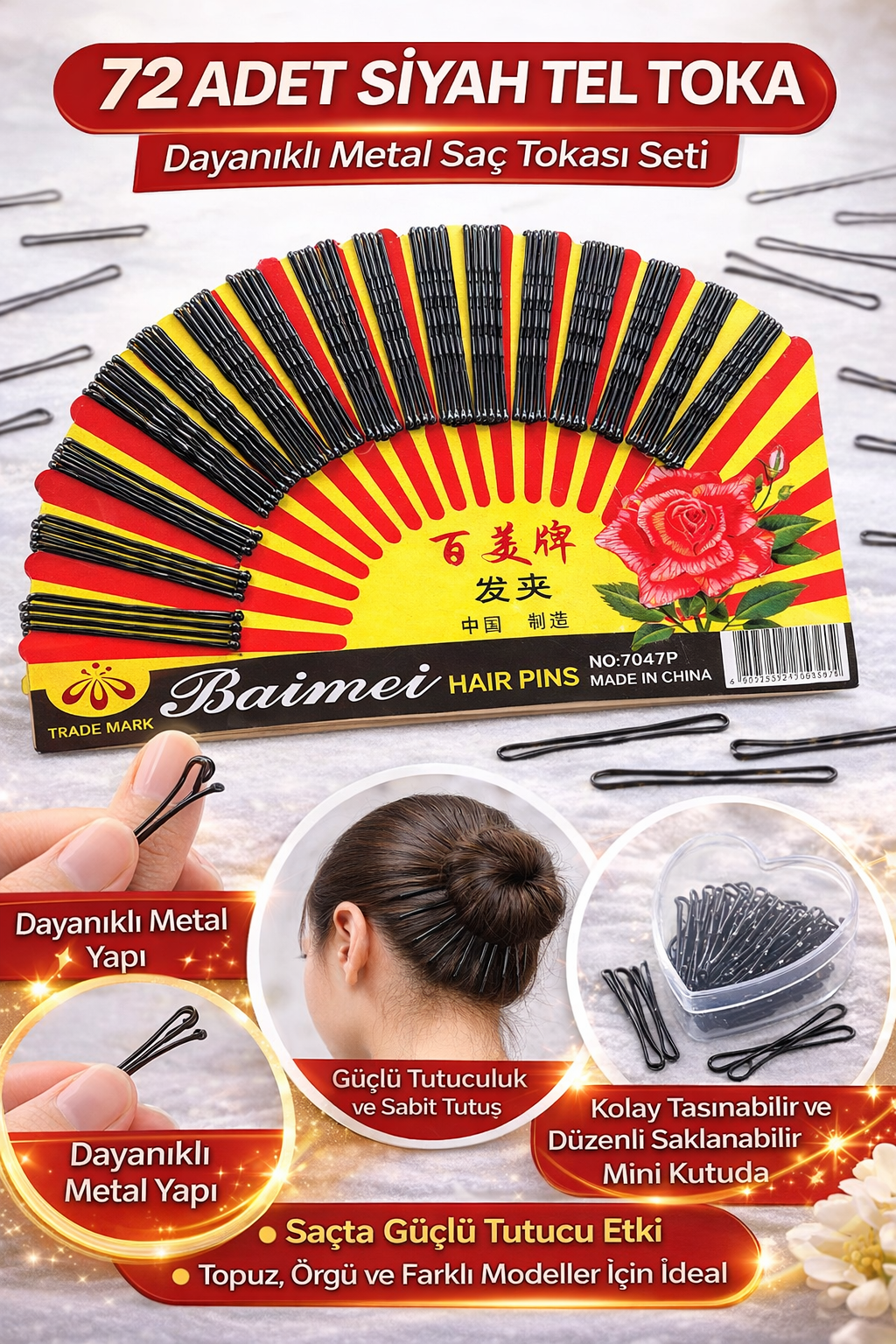 72 Adet Siyah Tel Toka Saç Tokası "“ Dayanıklı Metal Saç Teli Toka Seti
