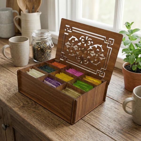 9 Bölmeli Ahşap Bitki Çayı Organizeri Kapaklı MDF Çay Kutusu Kahve Köşesi Düzenleyici