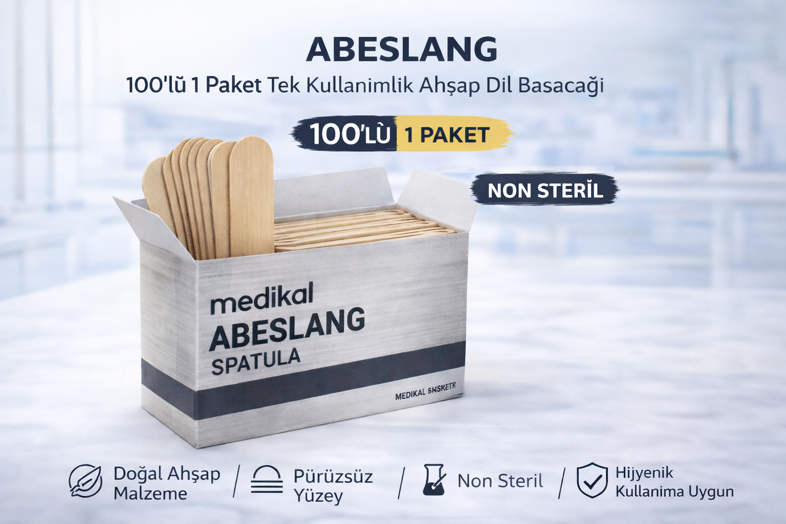 Abeslang 100'lü 1 Paket Tek Kullanımlık Ahşap Dil Basacağı Medikal Spatula