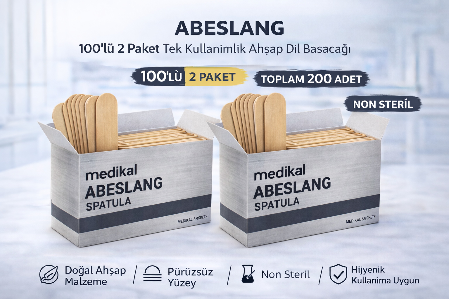 Abeslang 100'lü 2 Paket Tek Kullanımlık Ahşap Dil Basacağı Non Steril Medikal Spatula Toplam 200 Adet