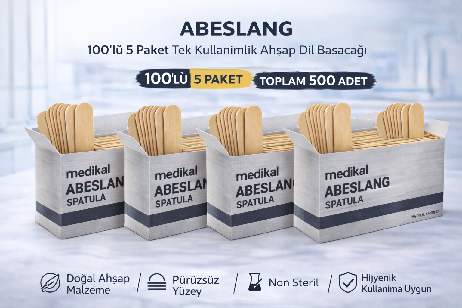 Abeslang 100'lü 5 Paket Tek Kullanımlık Ahşap Dil Basacağı Non Steril Medikal Spatula Toplam 500 Adet
