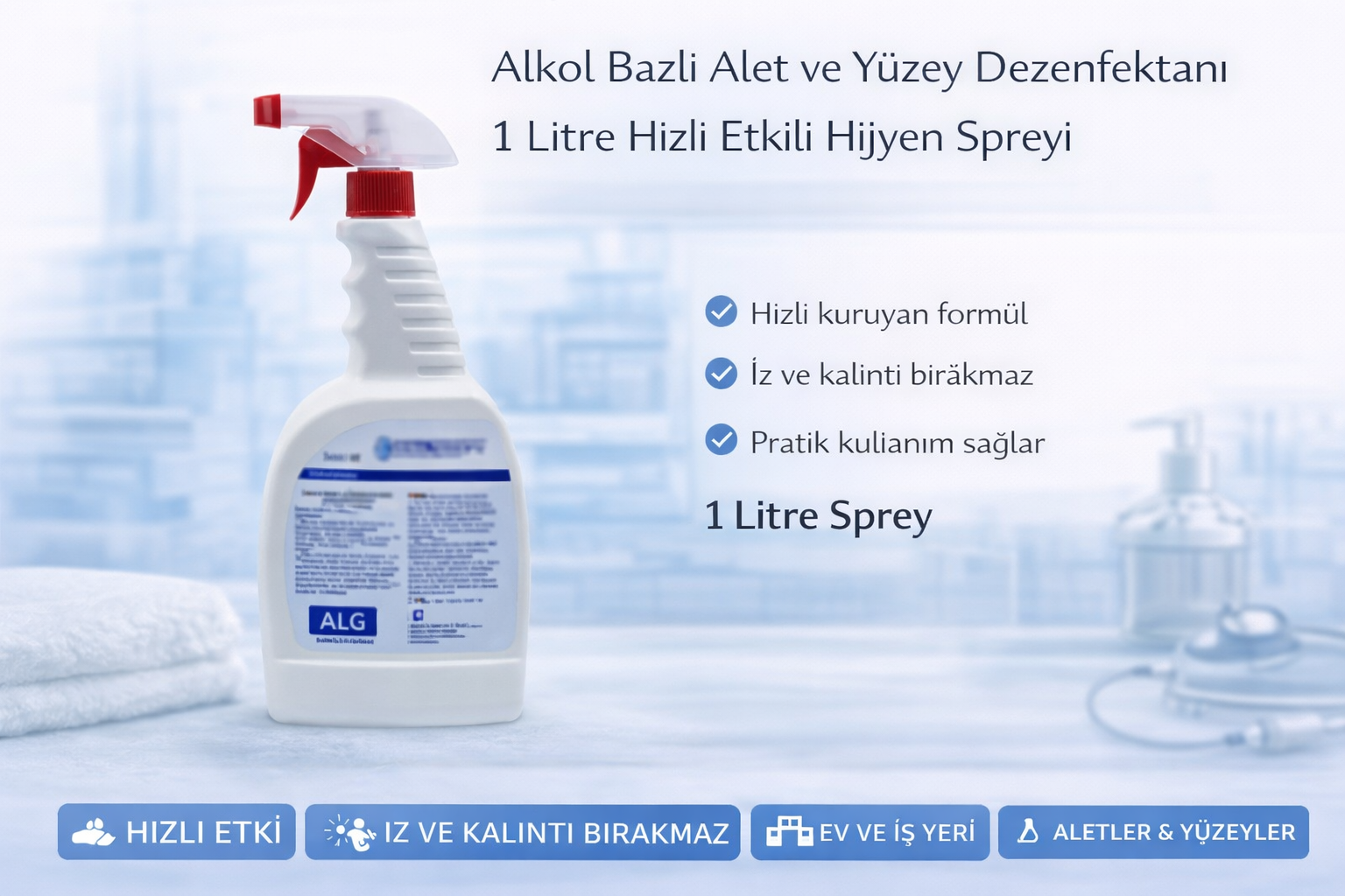 Alkol Bazlı Alet ve Yüzey Dezenfektanı 1 Litre Hızlı Etkili Hijyen Spreyi 1 ADET