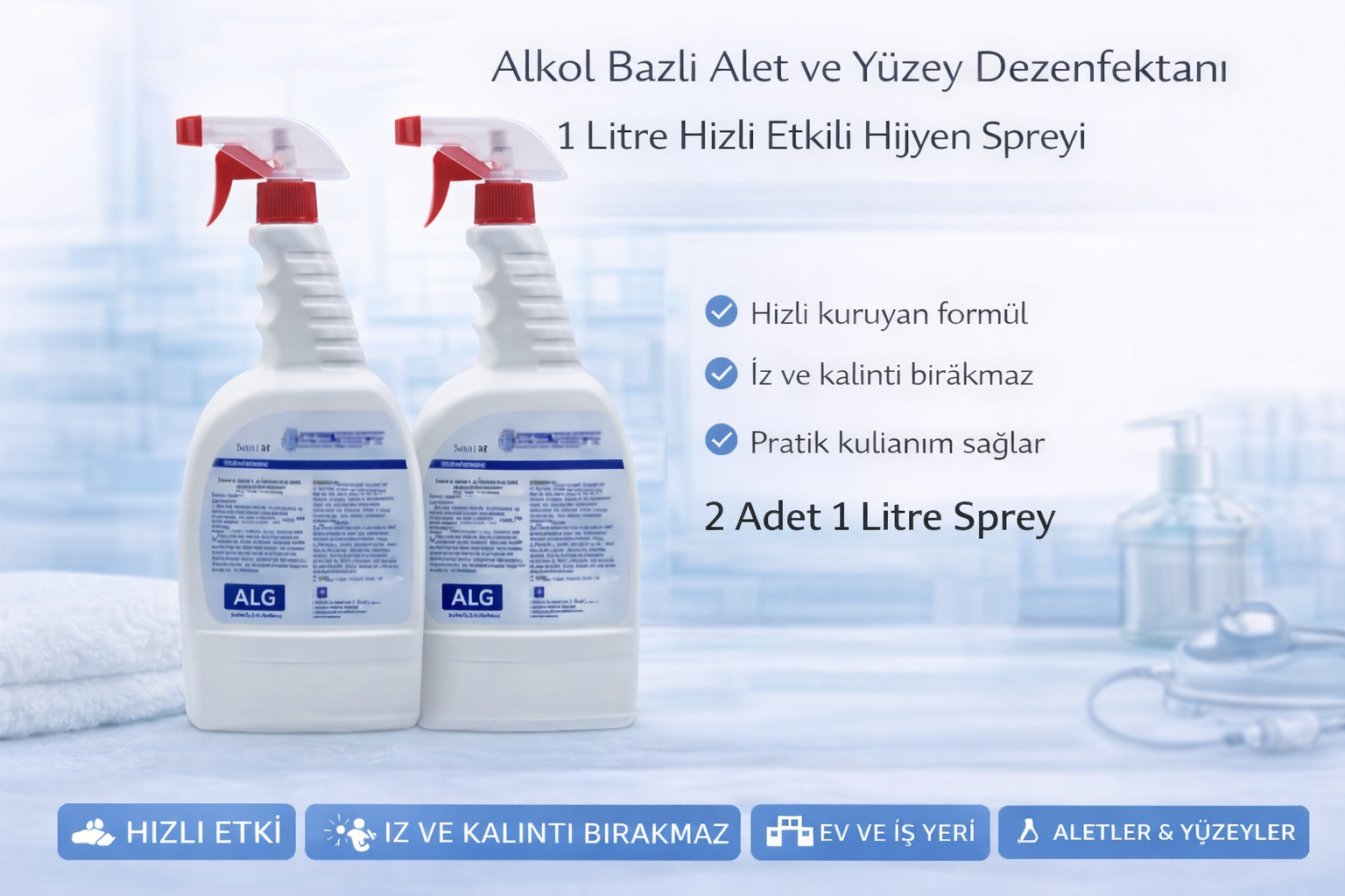 Alkol Bazlı Alet ve Yüzey Dezenfektanı 1 Litre Sprey 2 Adet