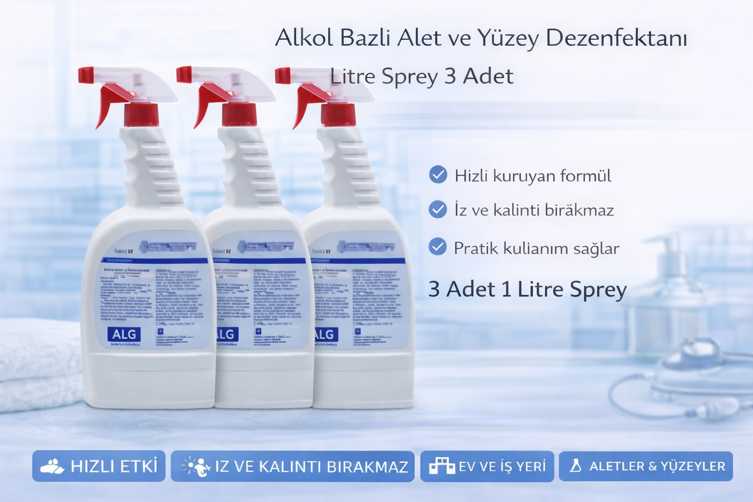 Alkol Bazlı Alet ve Yüzey Dezenfektanı 1 Litre Sprey 3 Adet