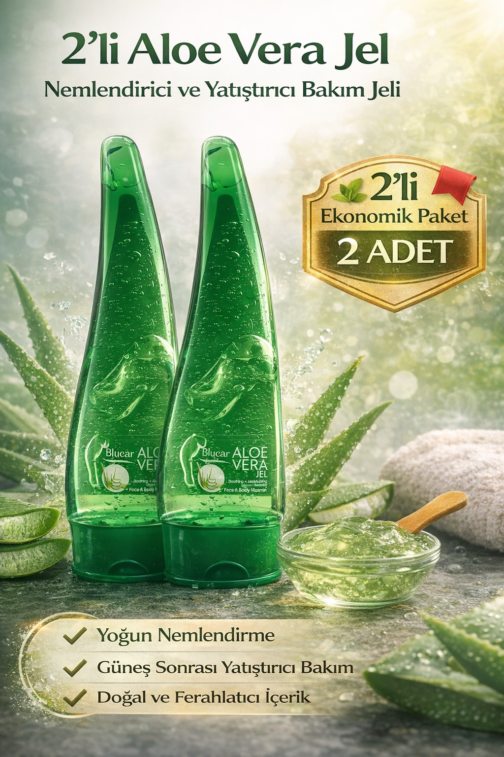 Aloe Vera Jel Nemlendirici ve Yatıştırıcı Bakım Jeli Yüz ve Vücut İçin Doğal Aloe Özlü Cilt Bakım Ürünü 2Li Avantaj Paket