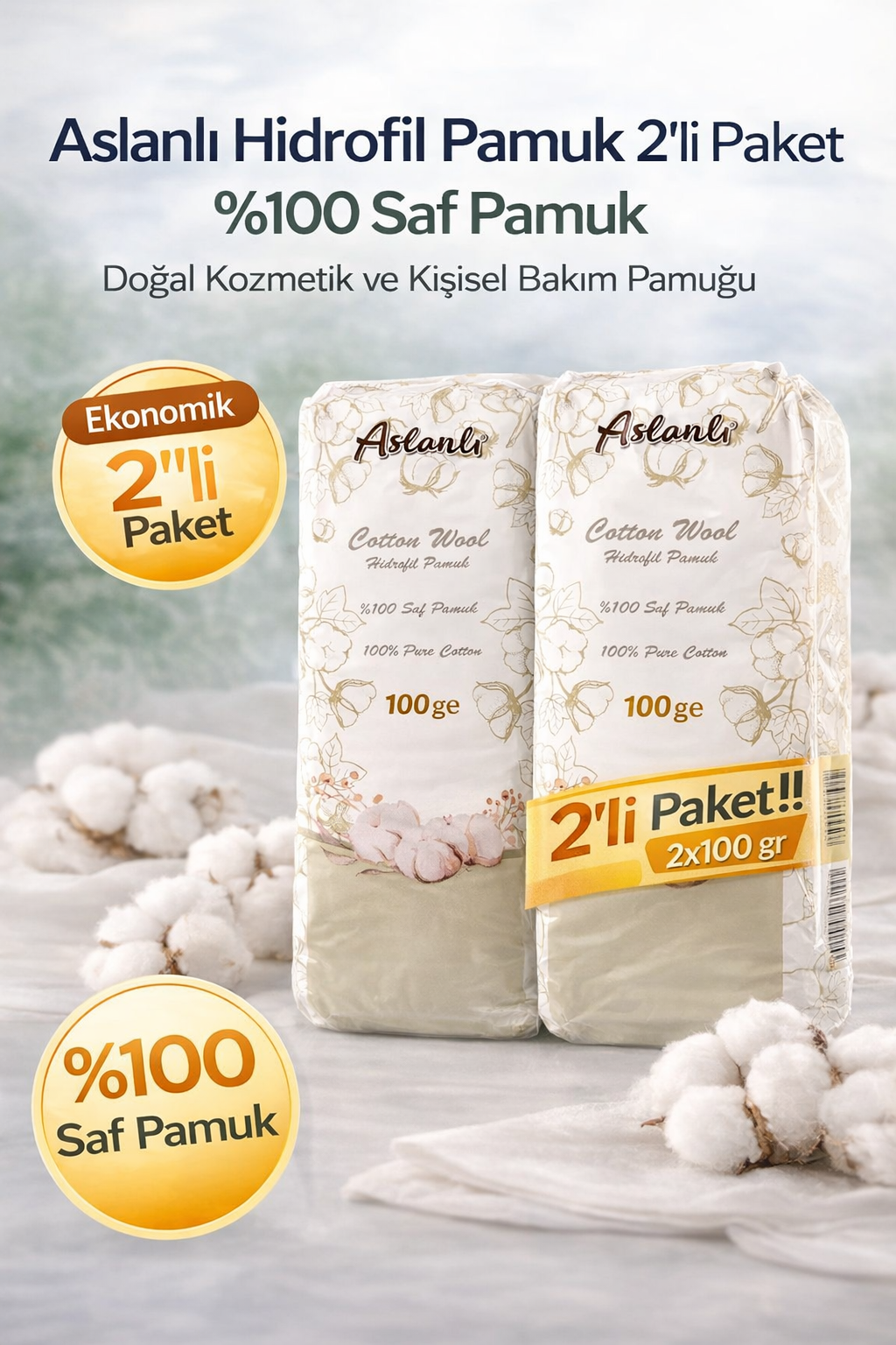 Aslanlı Hidrofil Pamuk 100 gr x 2 Adet %100 Saf Pamuk Kozmetik ve Kişisel Bakım Pamuğu