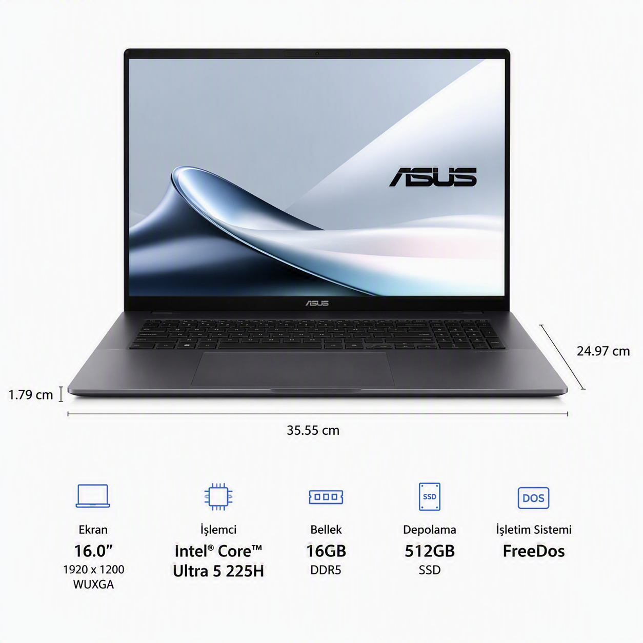 ASUS 16'', Ultra 5 225H, DDR5 16GB, 512GB SSD, FreeDos