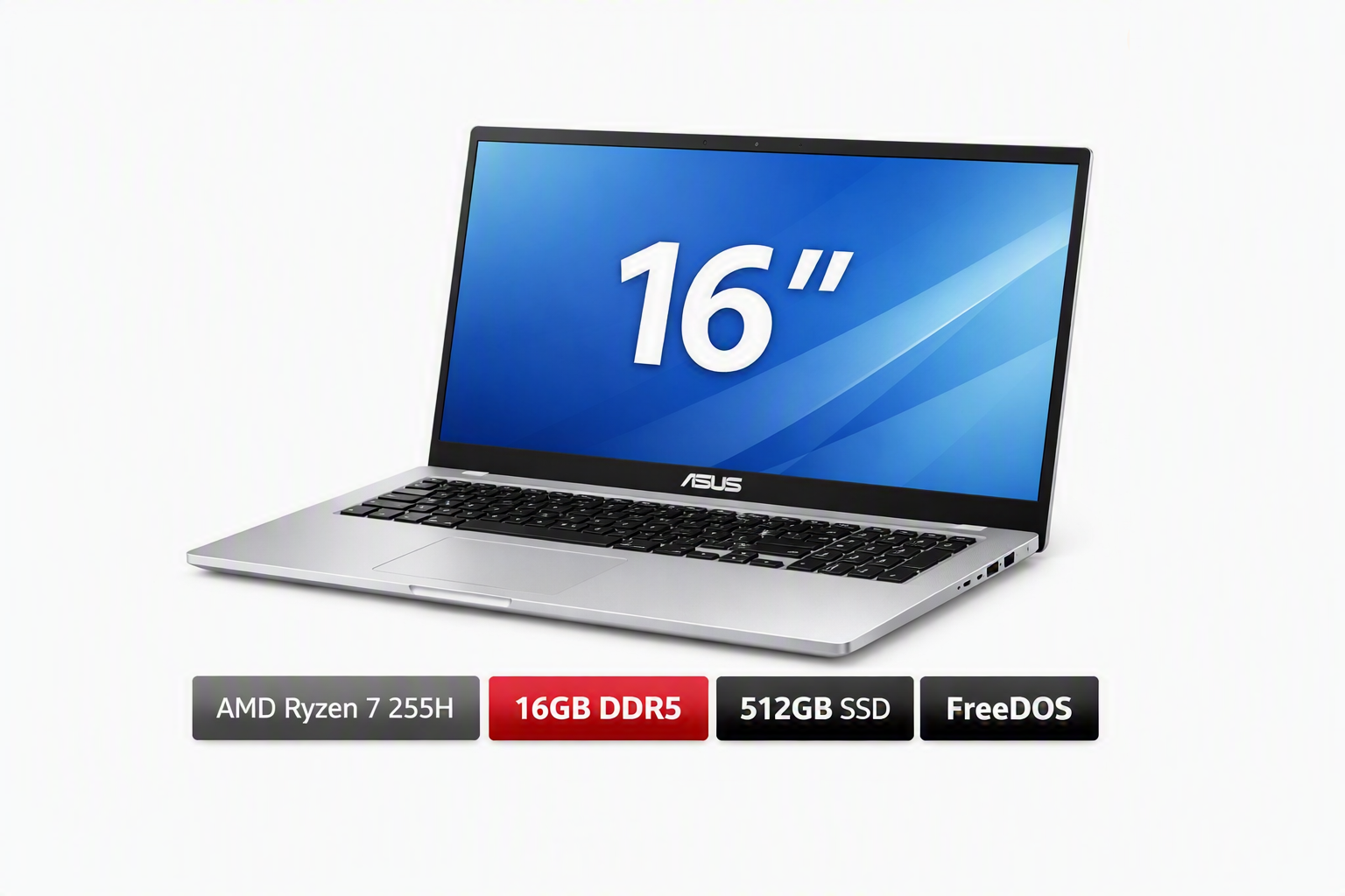ASUS 16'' Ultra 7 255H, DDR5 16GB, 512GB SSD, FreeDos