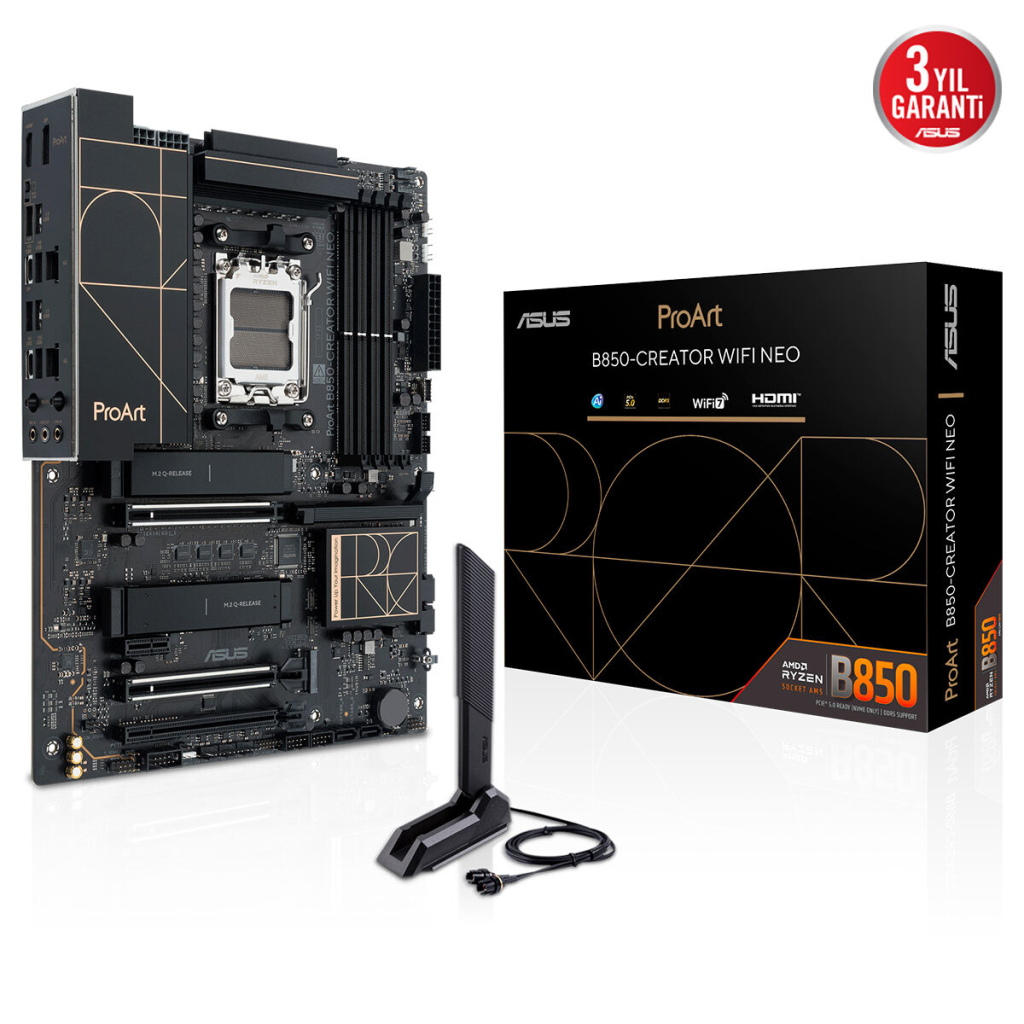 ASUS PROART B850-CREATOR WIFI NEO, 4xDDR5, 3xM.2, HDMI, DP, Type-C, PCIe 5.0, Wi-Fi 7, Bluetooth v5.4, AM5 Soket GAMING Anakart
