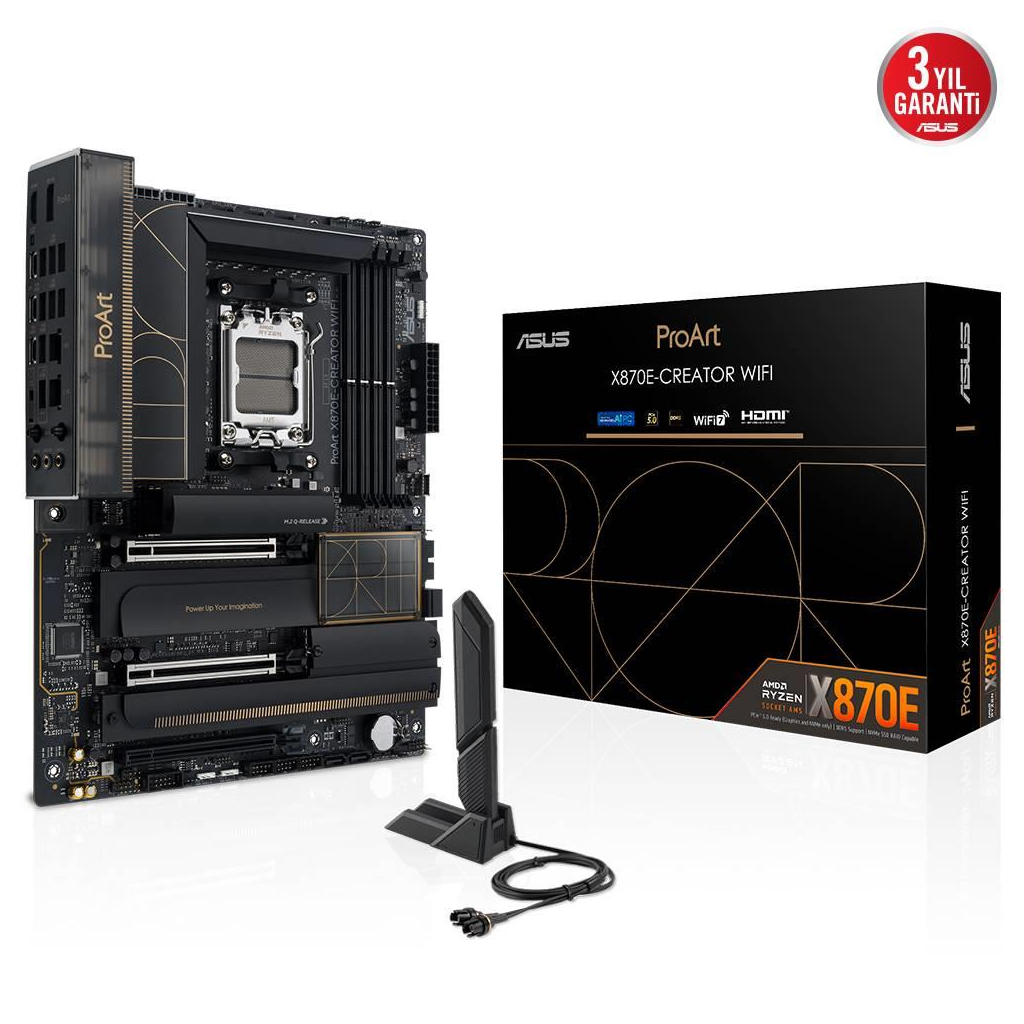 ASUS PROART X870E-CREATOR WIFI, 4xDDR5, 4xM.2, HDMI, DP, Type-C, PCIe 5.0, Wi-Fi 7, Bluetooth v5.4, AM5 Soket GAMING Anakart