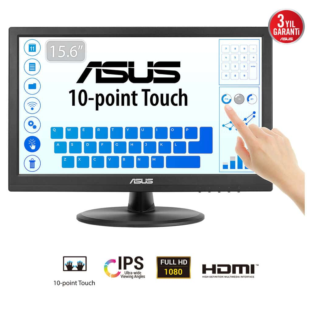 ASUS VT169HE 15.6" 5ms, 60Hz, Dokunmatik, HDMI, D-Sub, Düşük Mavi Işık, FreeSync, IPS Panel Monitör