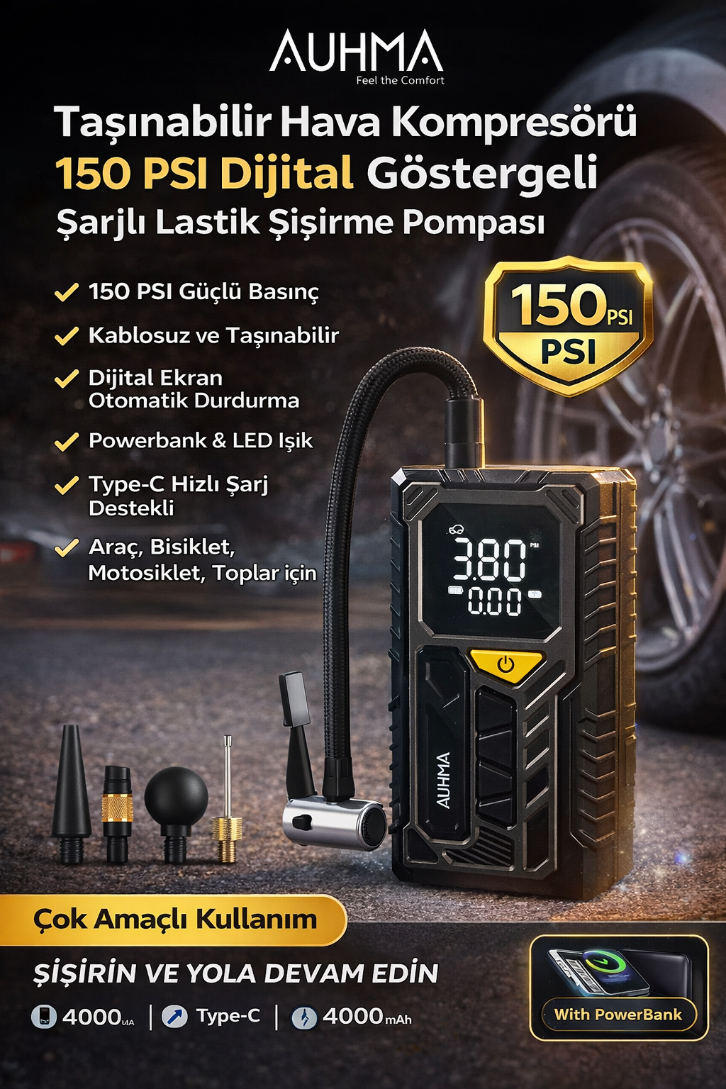 AUHMA A7777 Taşınabilir Hava Kompresörü 150 PSI Dijital Göstergeli Şarjlı Lastik Şişirme Pompası