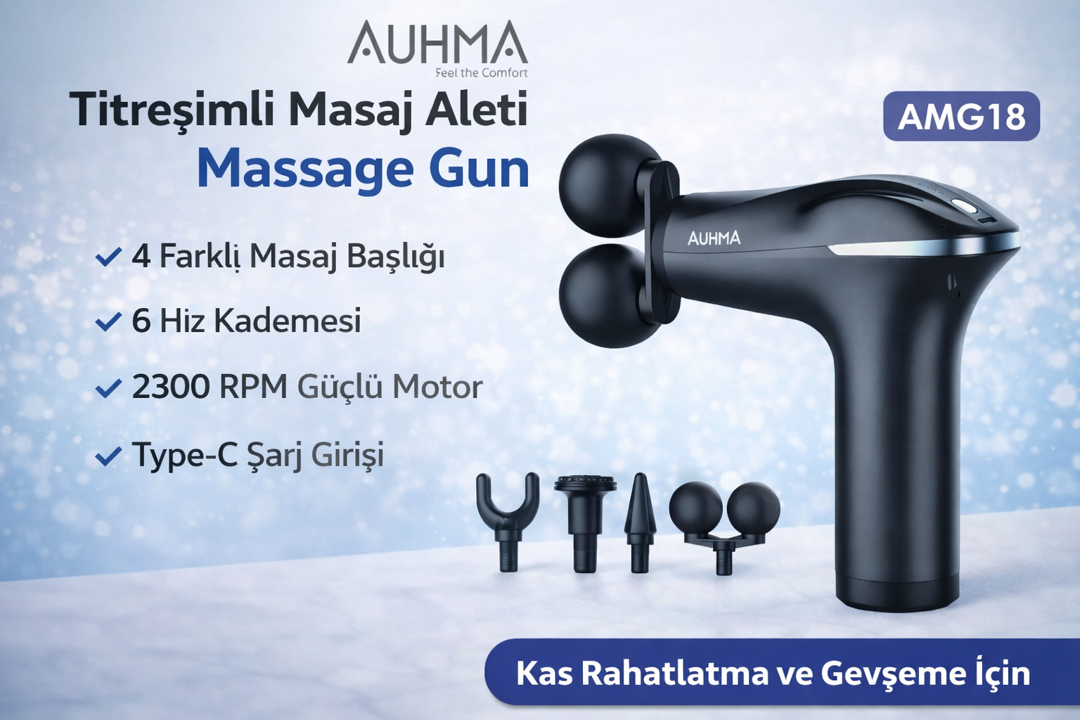 AUHMA AMG18 Masaj Aleti Titreşimli Massage Gun 6 Kademe 4 Başlıklı Şarjlı Masaj Tabancası