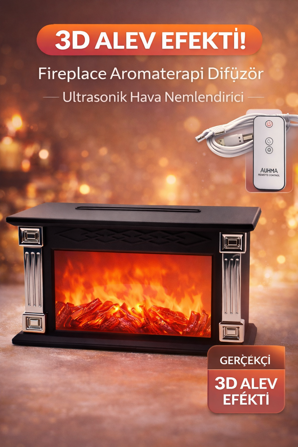 AUHMA Fireplace Aromaterapi Difüzör 300ML Ultrasonik Hava Nemlendirici Kumandalı 3D Alev Efektli Buhar Makinesi