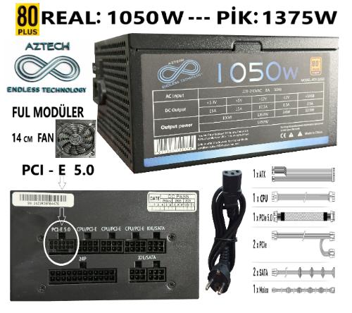AZTECH ATX 1050 1050W 80+Gold Atx Power Supply 14 cm RGB led Fanlı Moduler Psu Mavi Işıklı